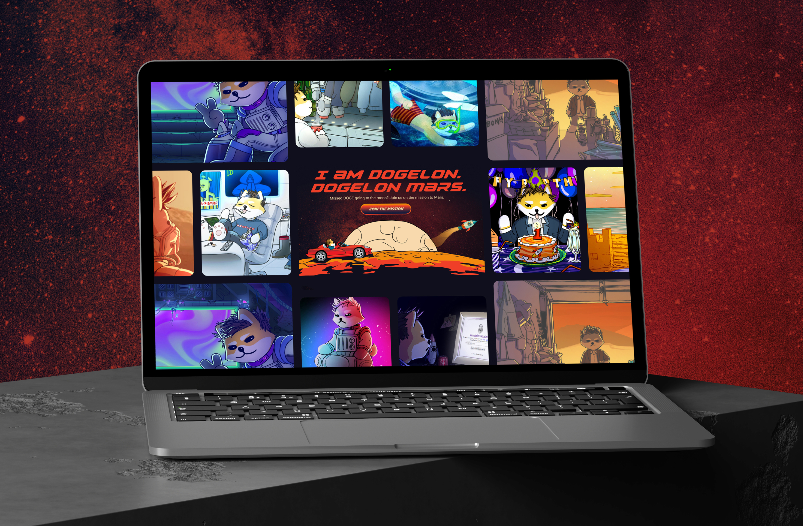 Laptop mockup showing multiple Dogelon Mars web screens with animated visuals.
