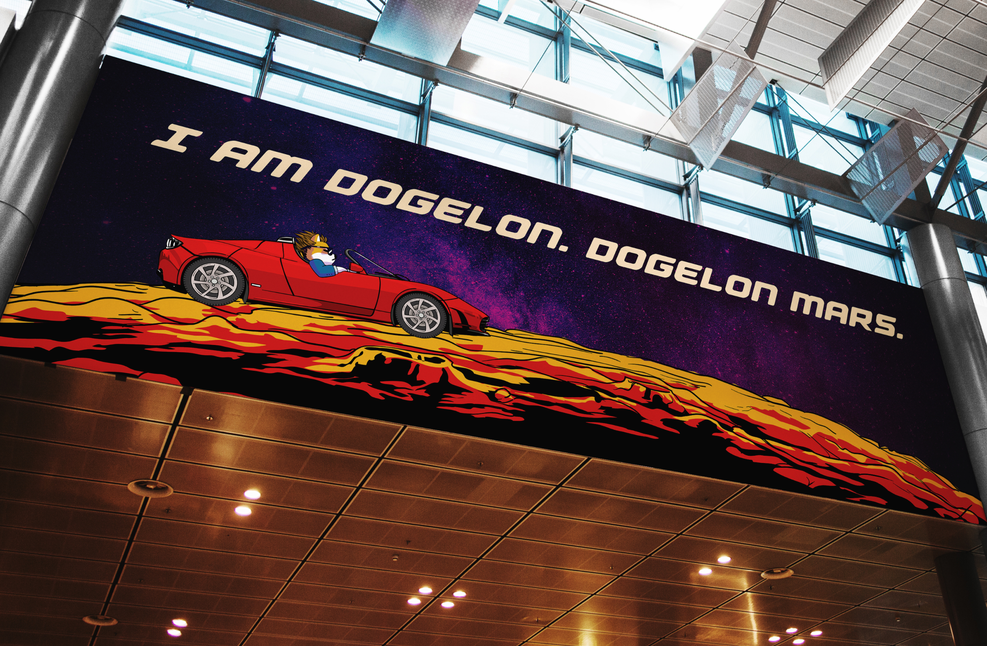 Large-scale banner and signage for Dogelon Mars campaign displayed in an indoor venue.