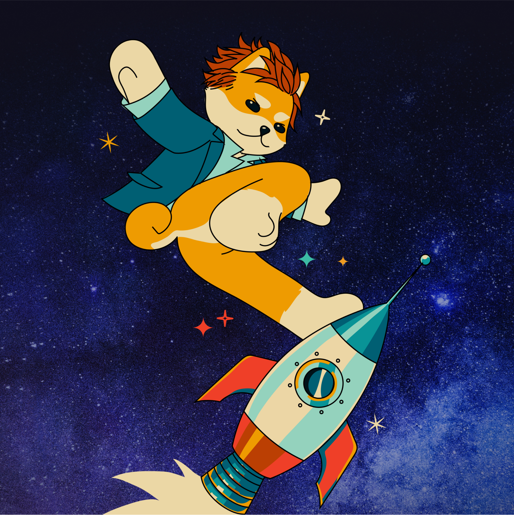 Vibrant illustrated character in a dynamic pose, representing Dogelon Mars brand storytelling.