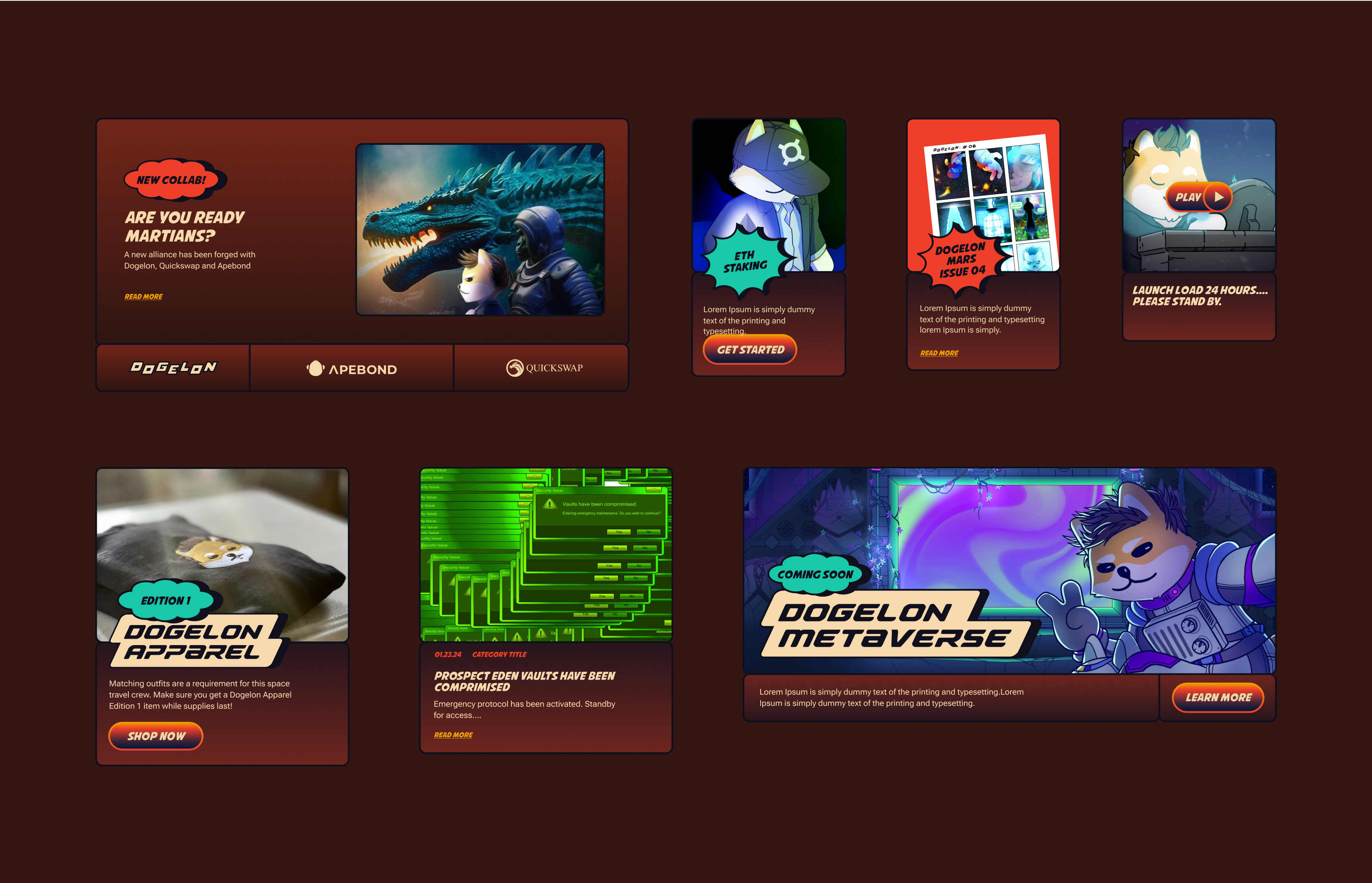 Website showcasing illustrated Dogelon characters with cosmic-inspired interface.