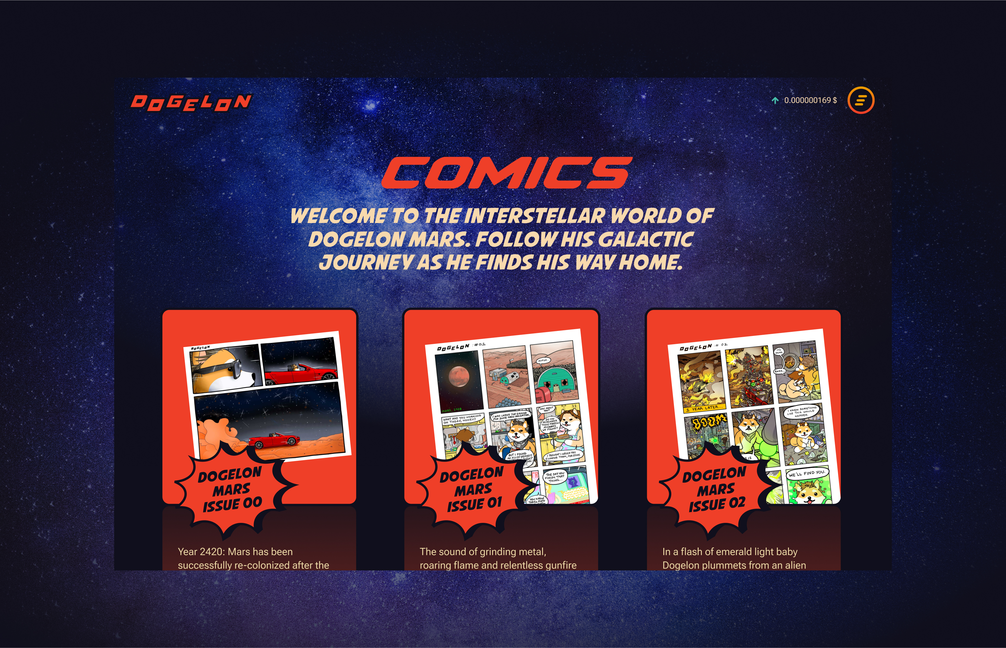 Desktop interface featuring Dogelon Mars NFT cards and interactive UI created by Griflan.