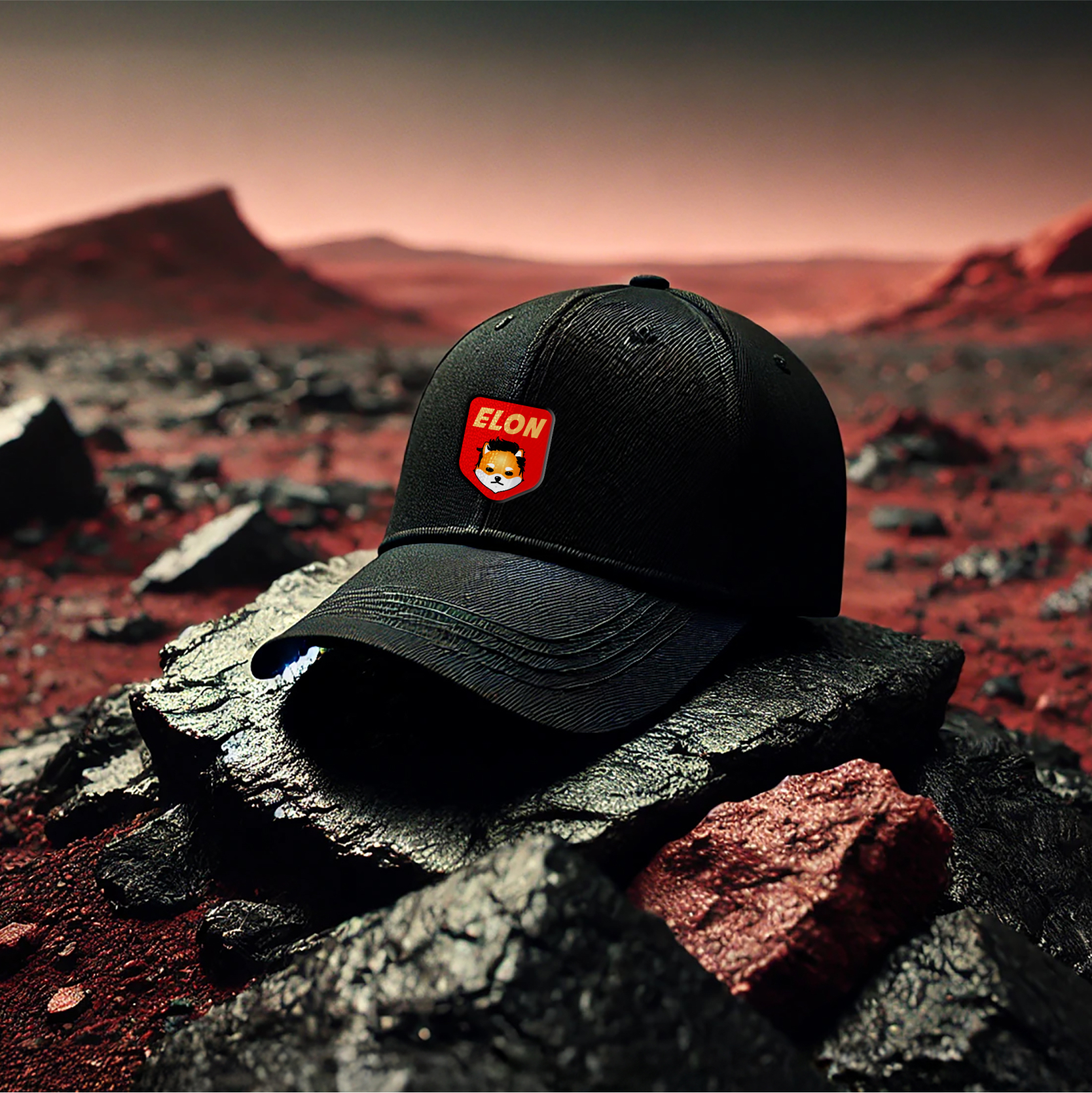 Branded hat placed on a Mars-like surface, reflecting the Dogelon Mars brand world.