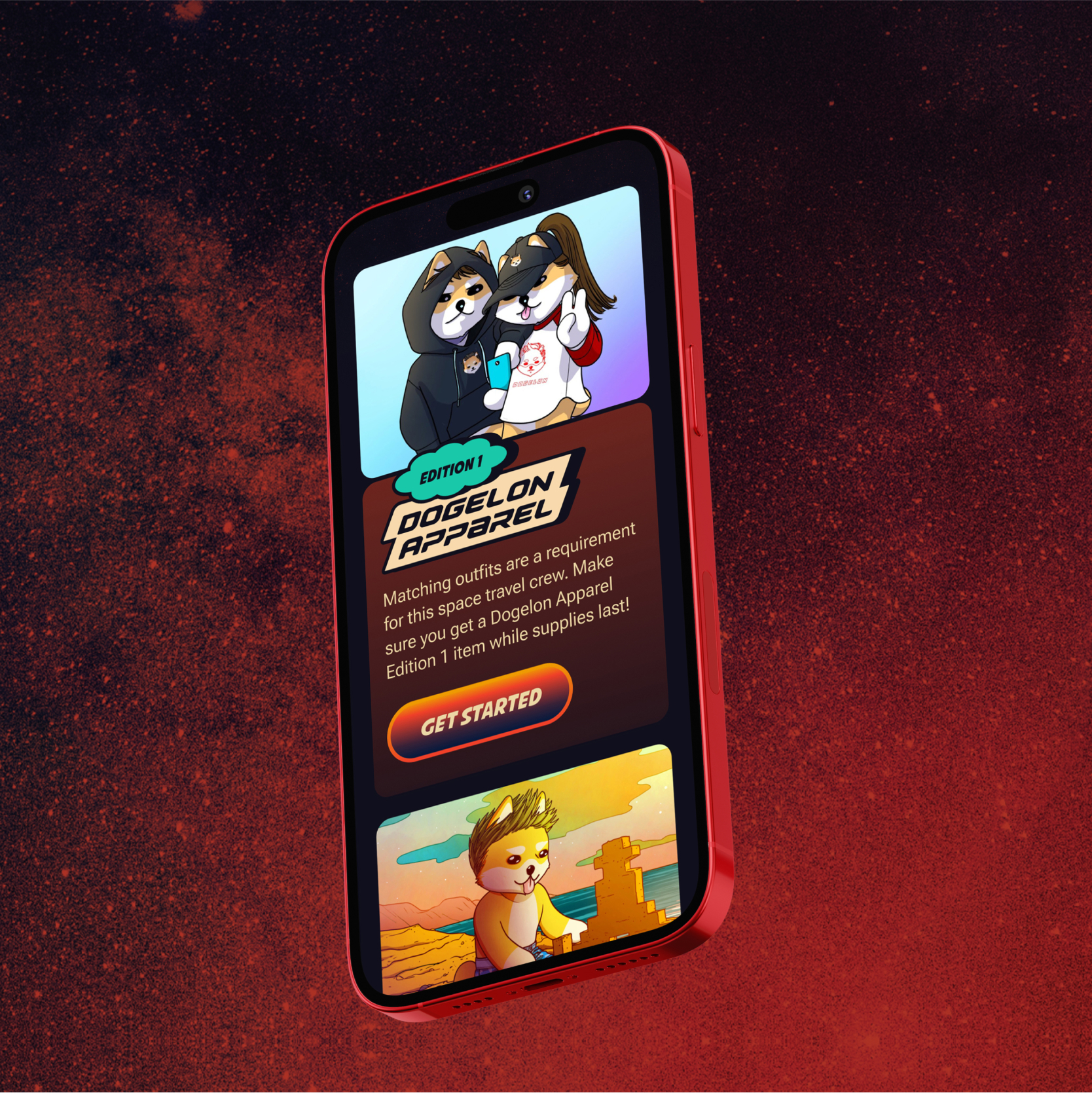 Smartphone mockup displaying the Dogelon Mars site with bold red cosmic visuals and branded UI elements.