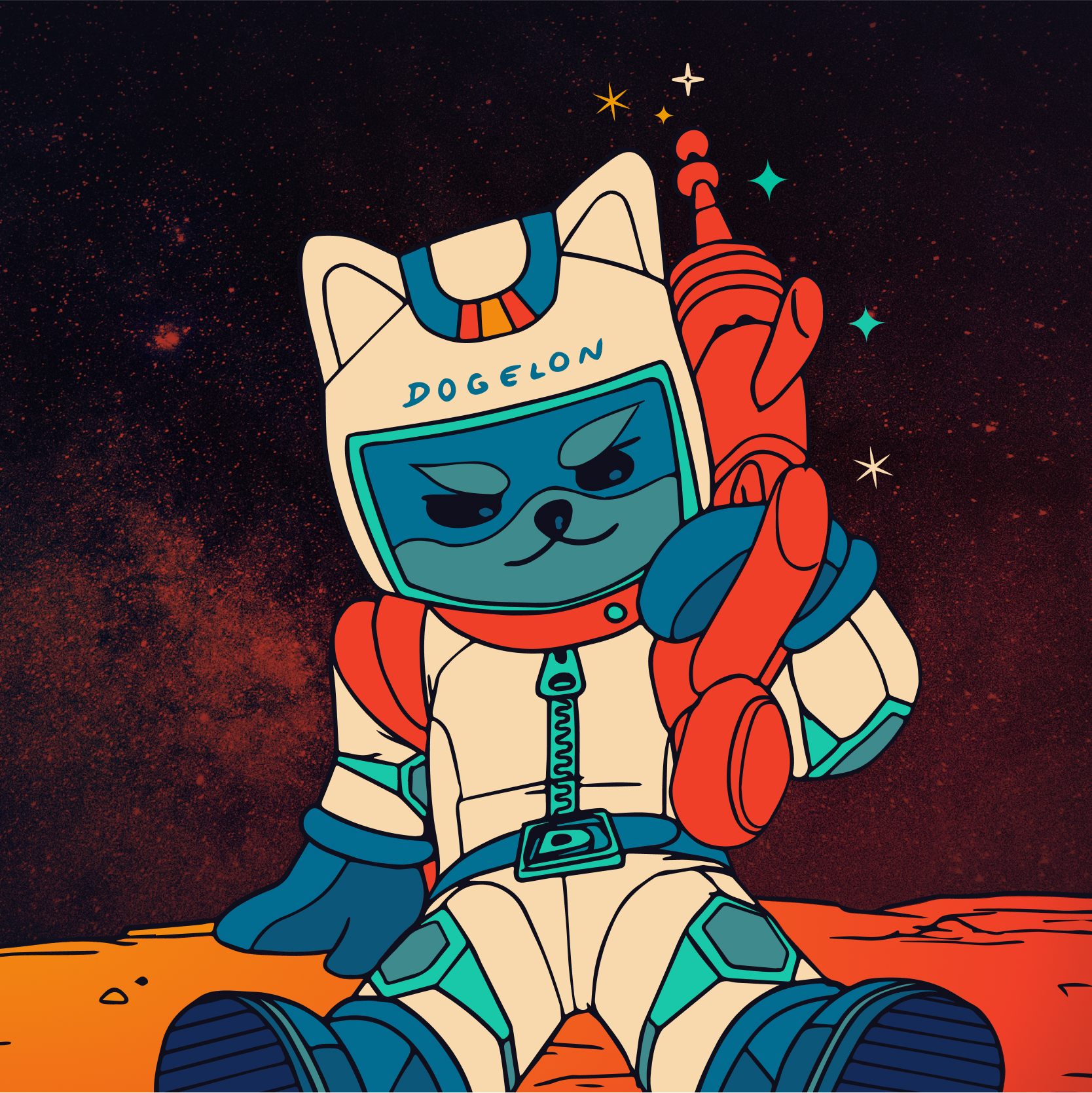 Dogelon mascot character in red outfit floating in cosmic space.