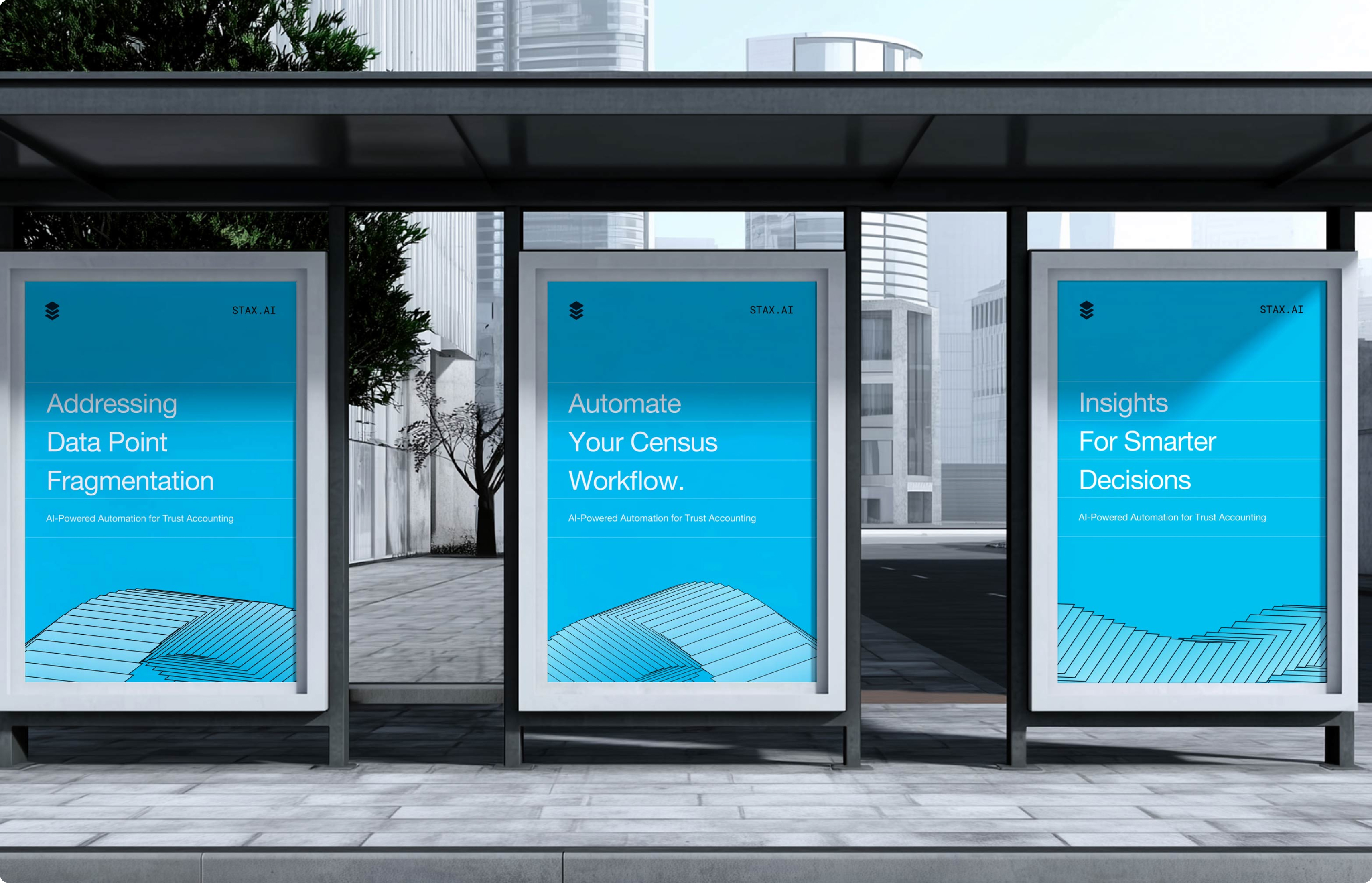 Billboard display featuring Stax.ai’s key messages and blue brand palette.