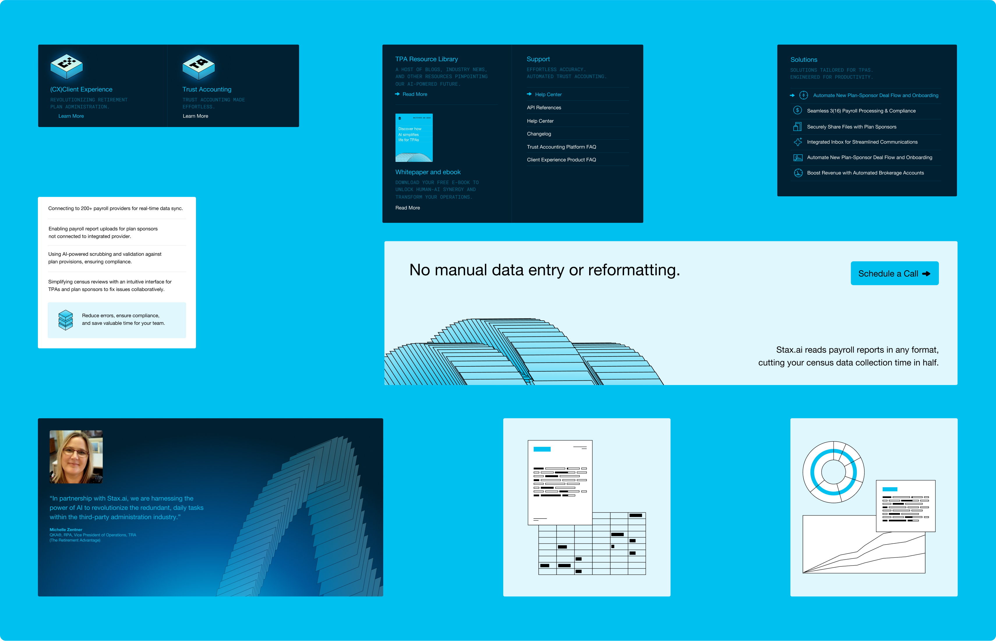 Desktop interface mockups highlighting the Stax.ai homepage and design system.