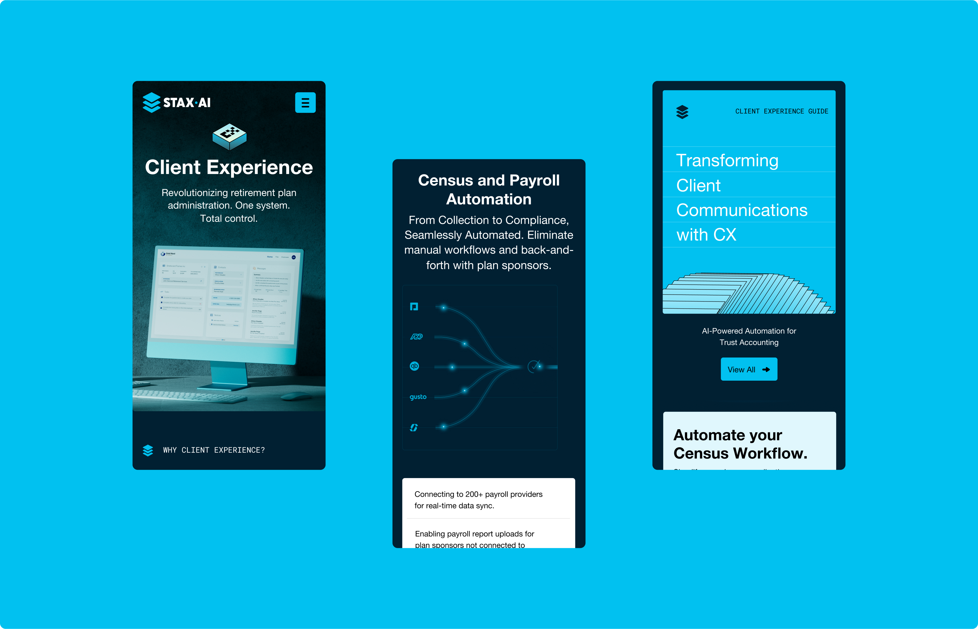 Trio of mobile app screens displayed on bright blue background.