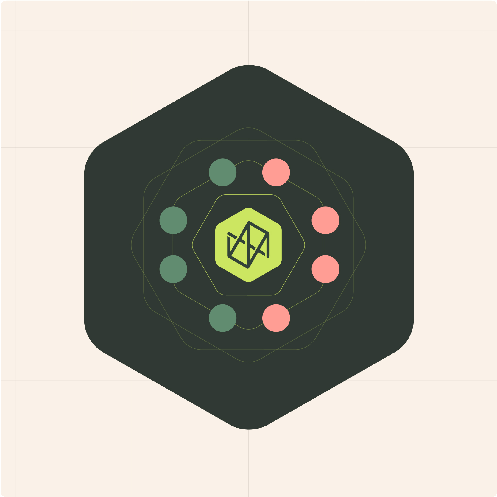 Hexagonal icon graphic showcasing New Engen’s design system.