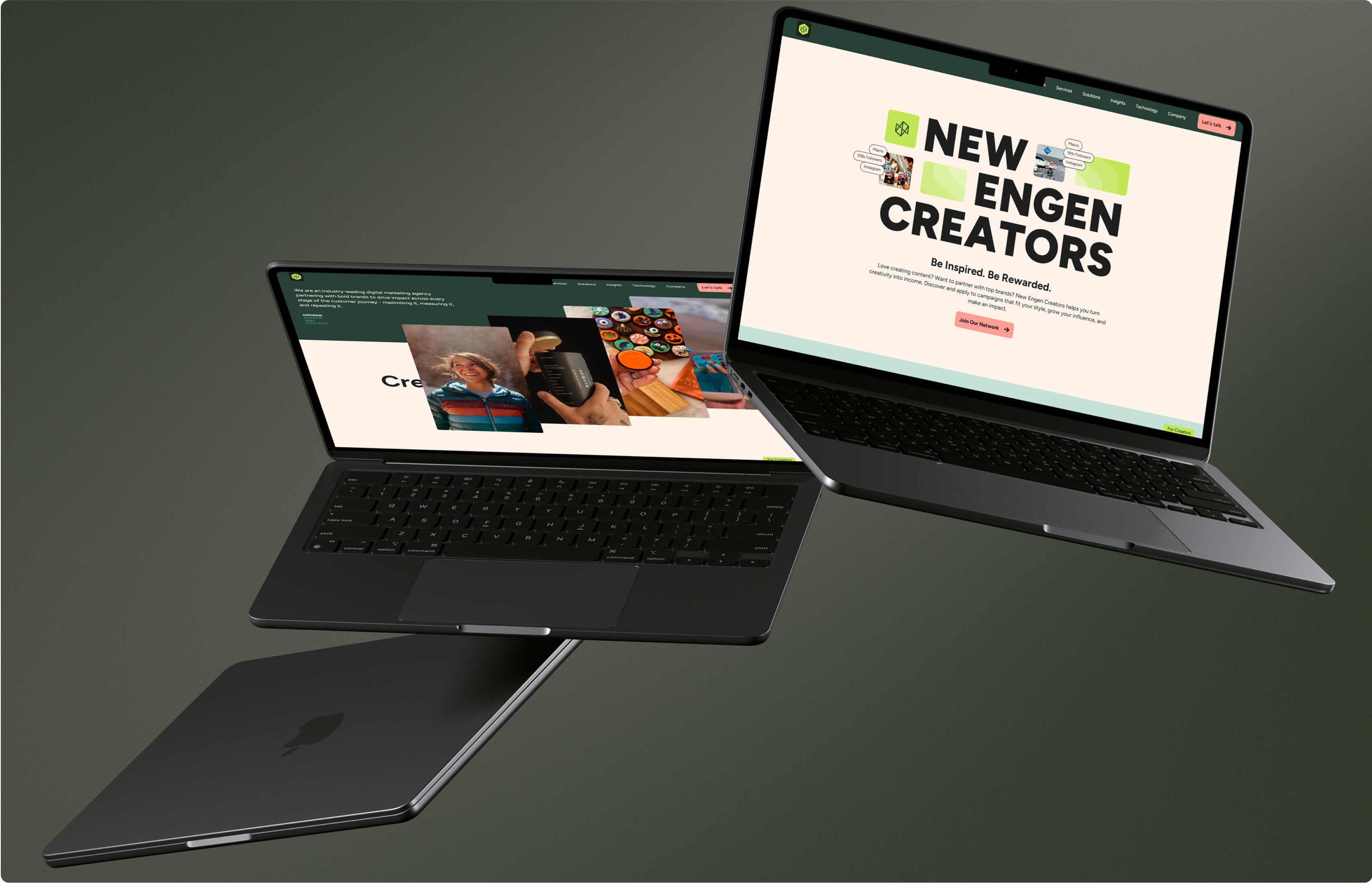 Laptop screens showcasing the New Engen homepage and brand photography.