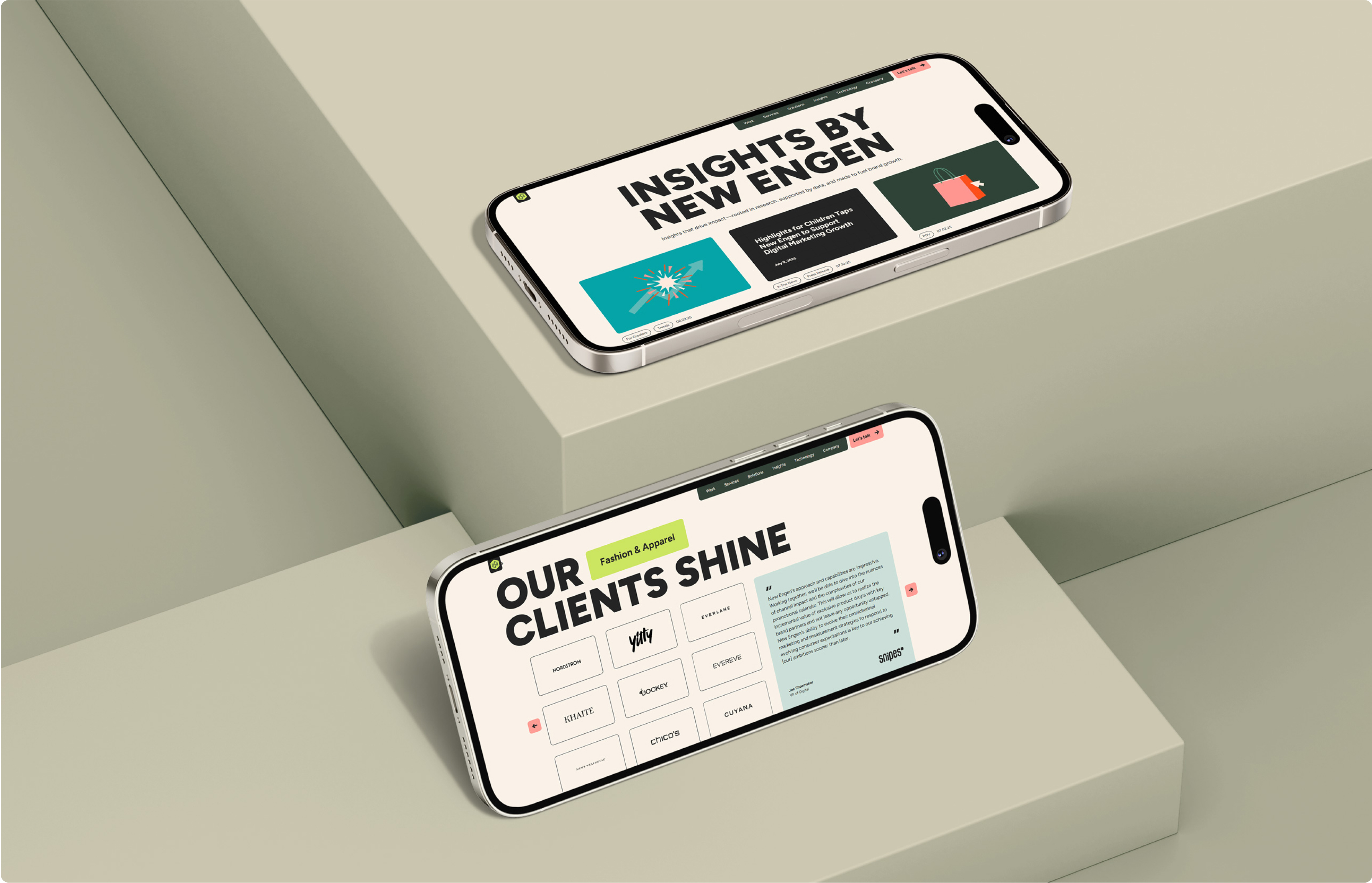 Close-up of New Engen mobile site featuring bold typography and green accents.