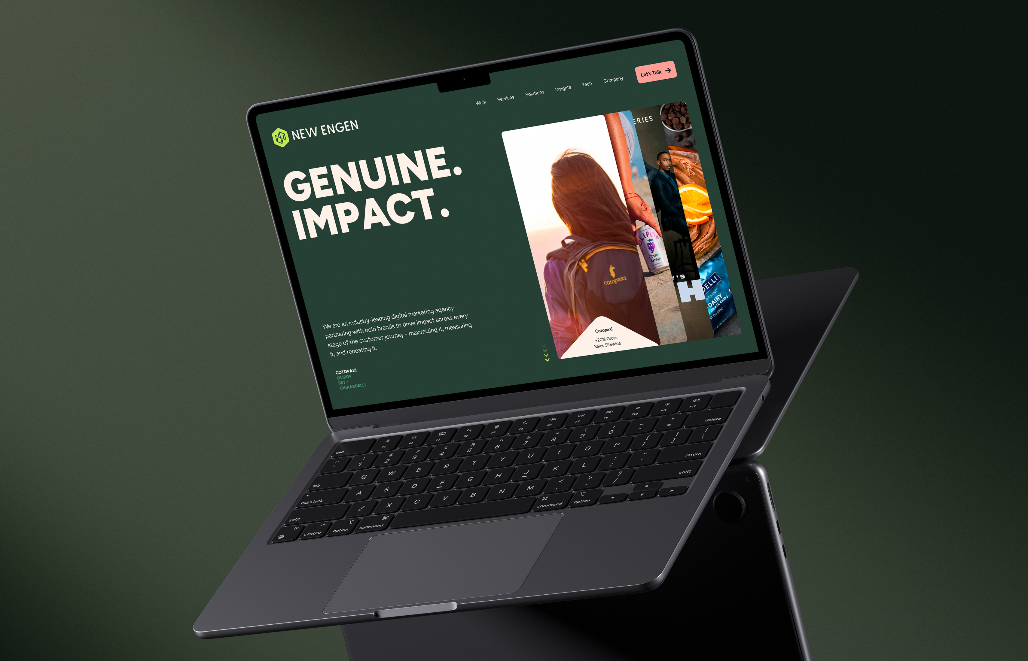 Laptop showcasing a marketing platform interface on dark green background.