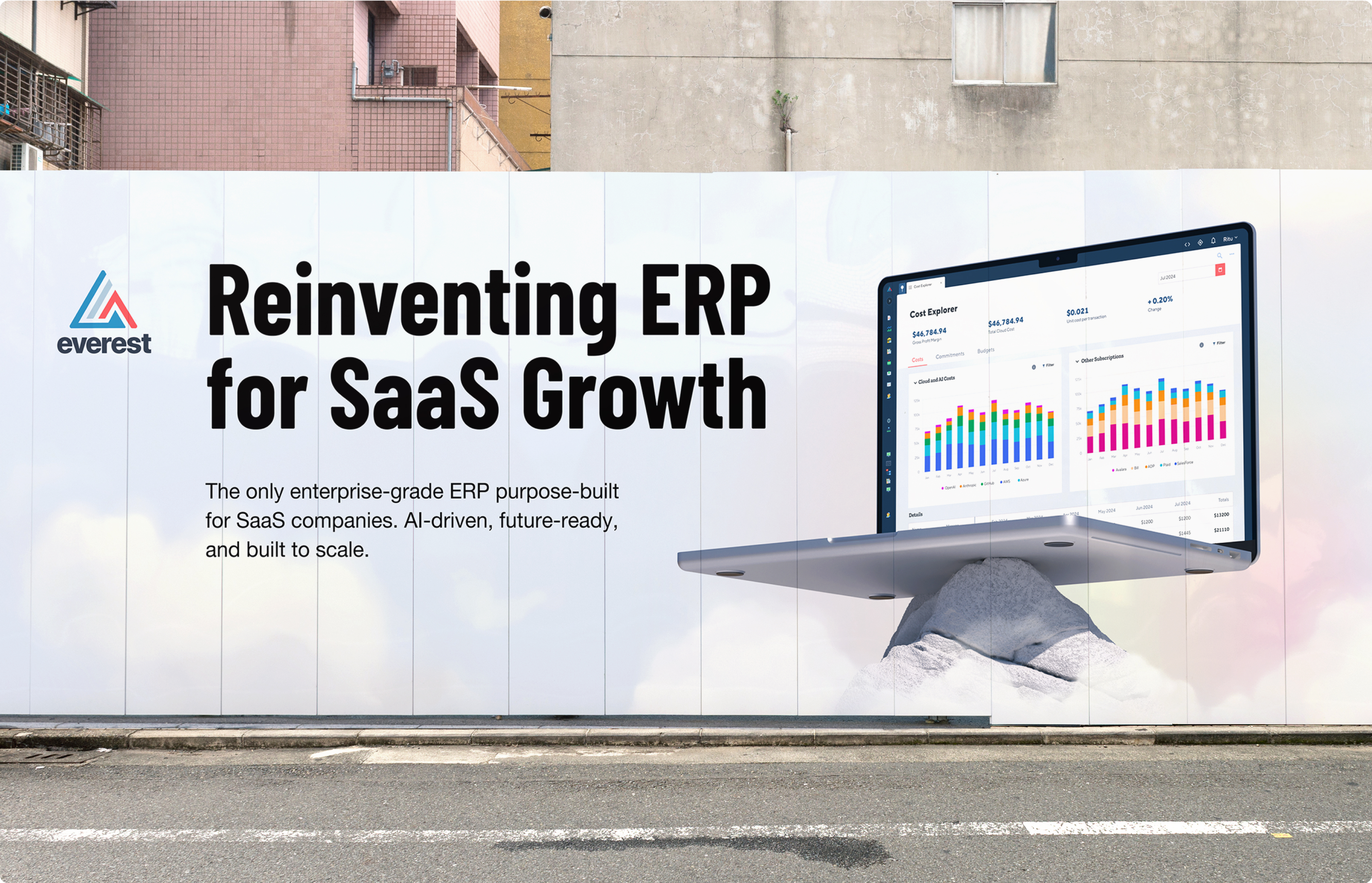Outdoor advertisement showing a desktop mockup showcasing the Everest ERP homepage with the tagline “Reinventing ERP for SaaS Growth.”