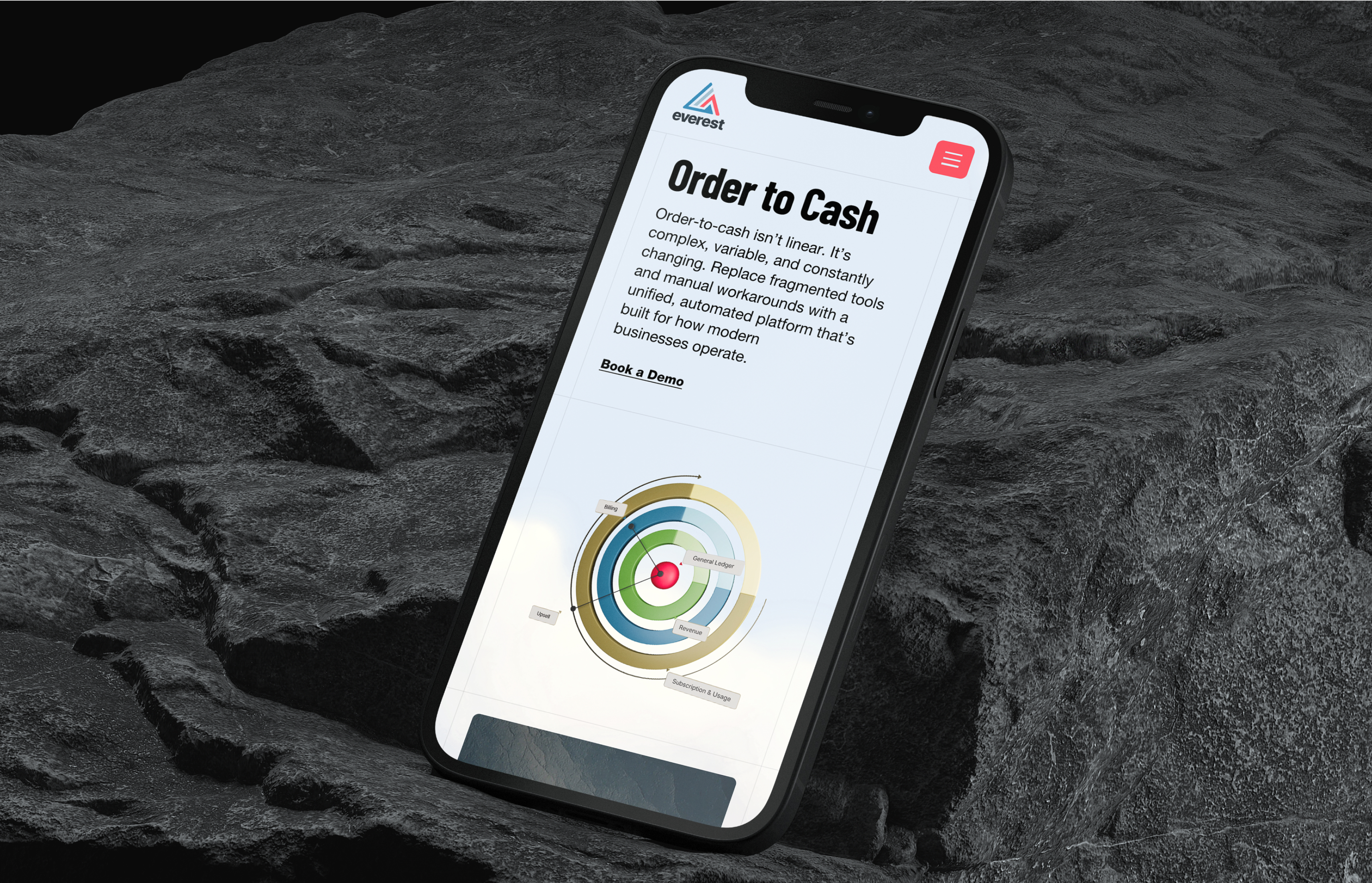 Smartphone mockup displaying Everest ERP’s mobile analytics interface on a rocky background.