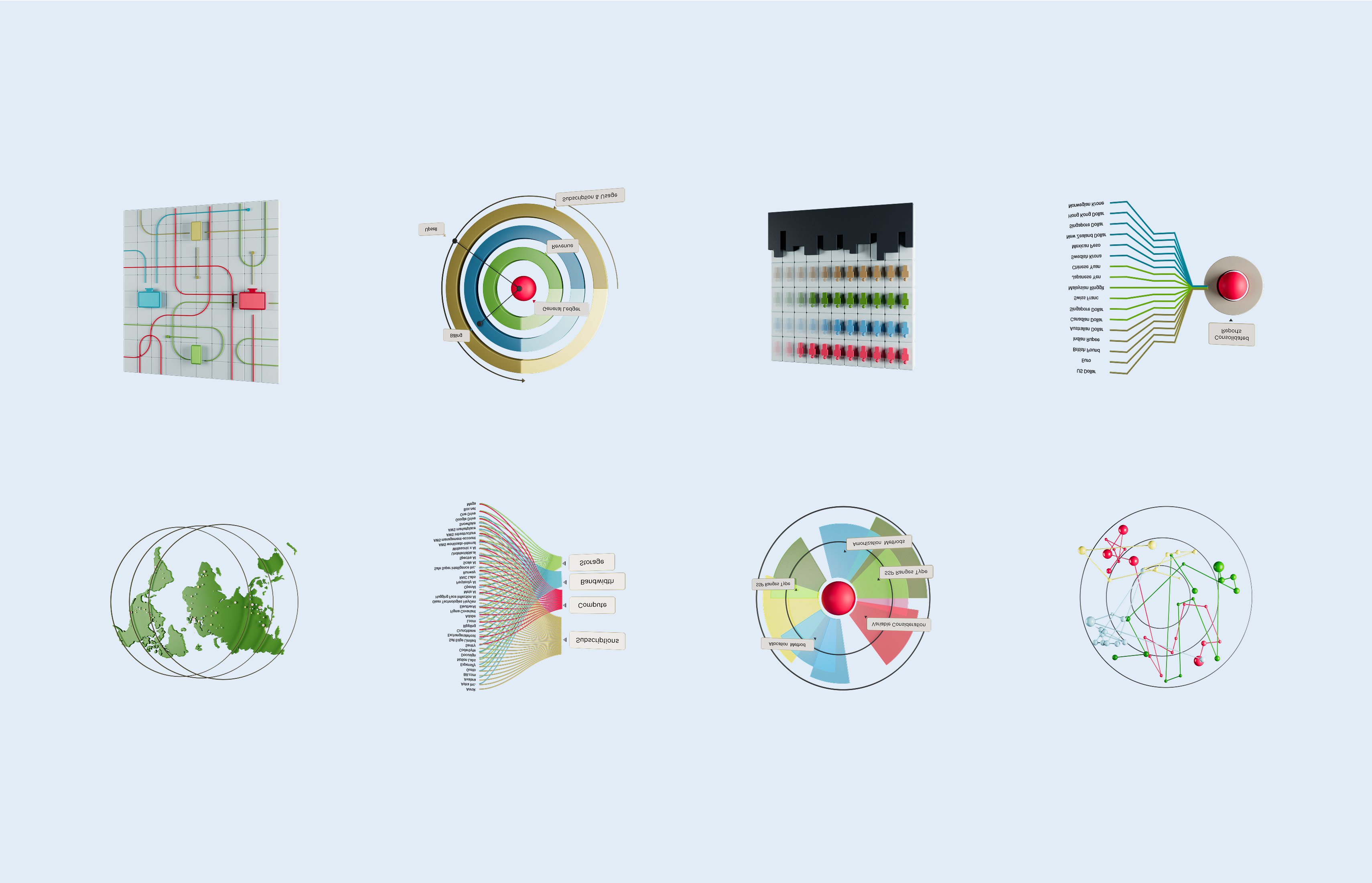 Collection of charts and infographics representing Everest ERP’s analytics capabilities.