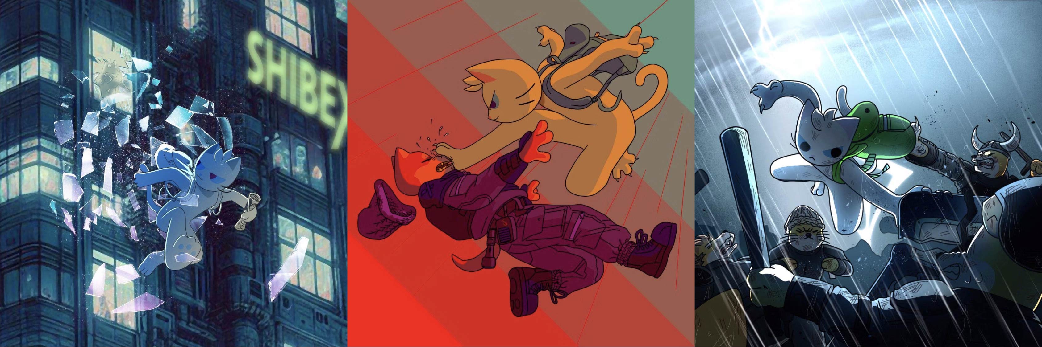 Collage of MEW campaign artwork showcasing bold illustrations and brand styling.