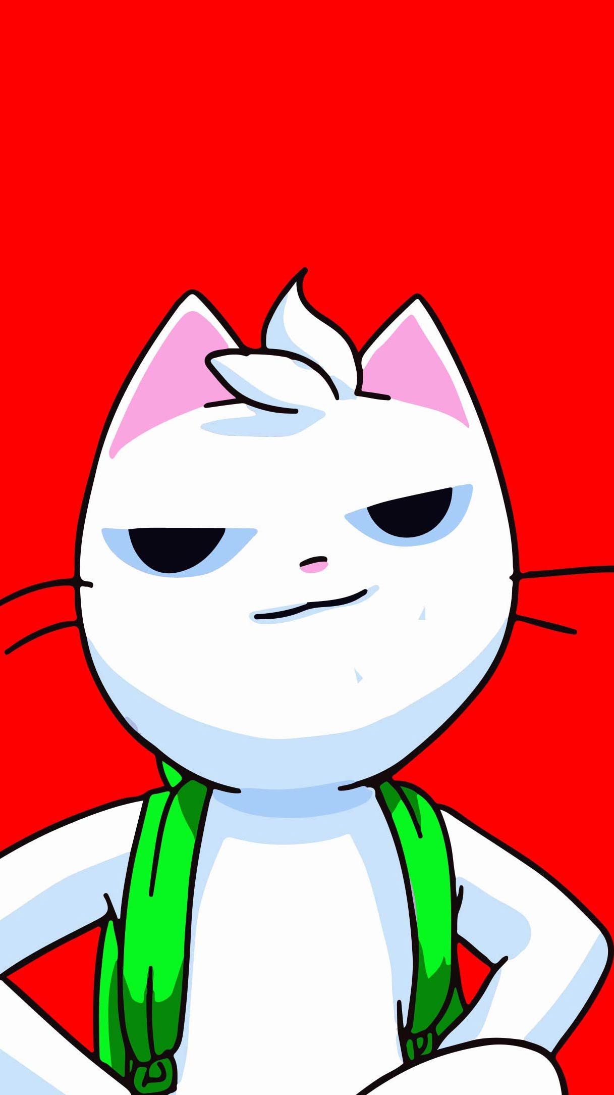 Tall illustration of the MEW mascot wearing red and green attire on a bright red background.