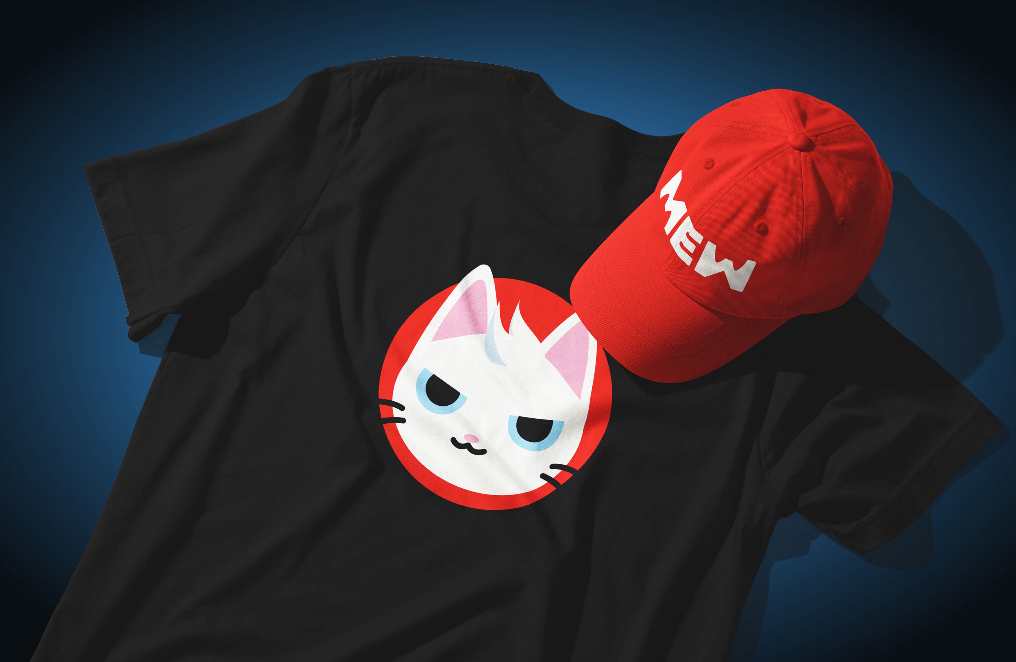 Black t-shirt featuring MEW mascot illustration and brand design.