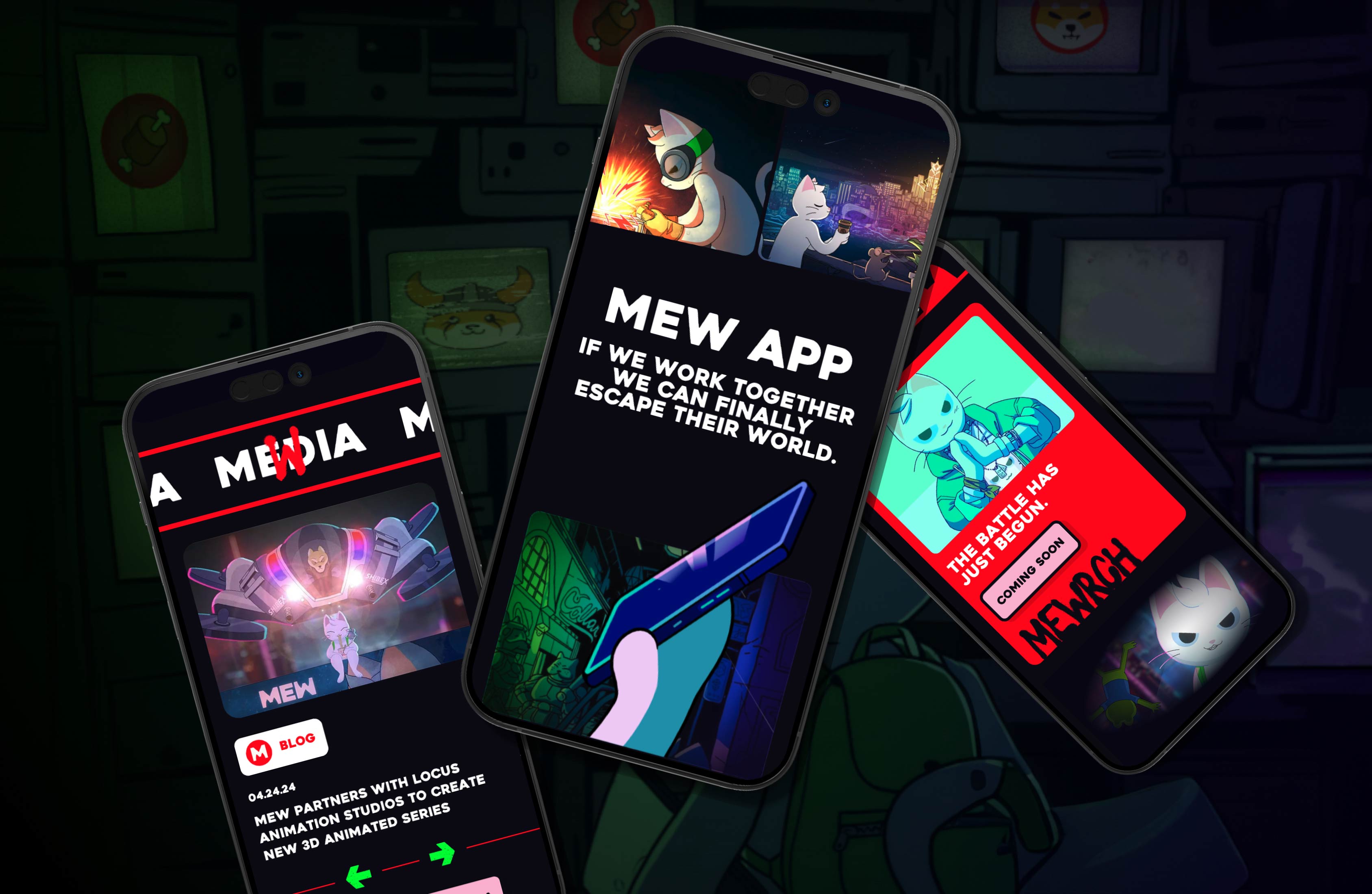 Series of phone screens displaying MEW’s interactive campaign visuals in a dark neon setting.