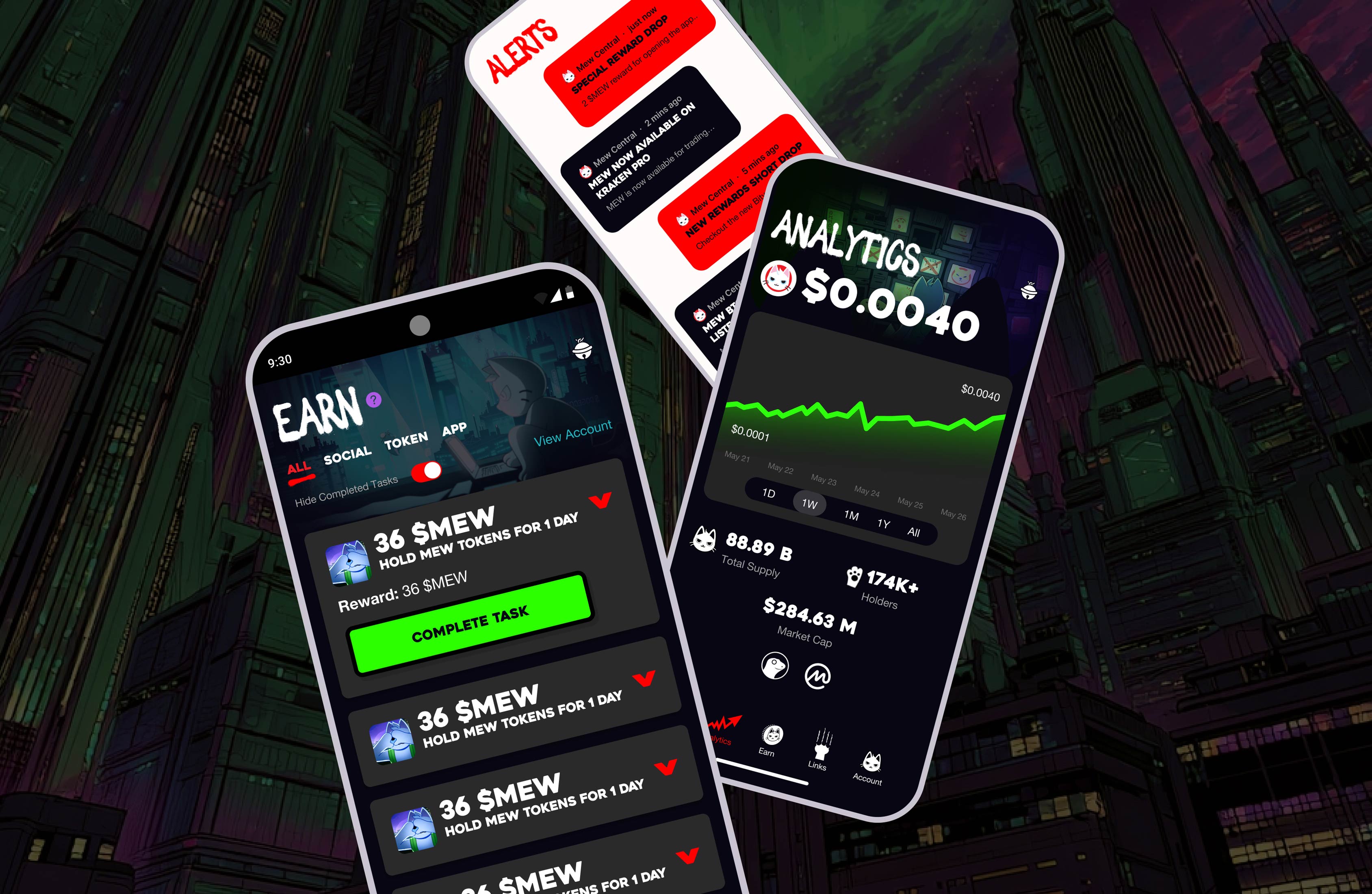 MEW app showing content navigation and branding in neon red and green.