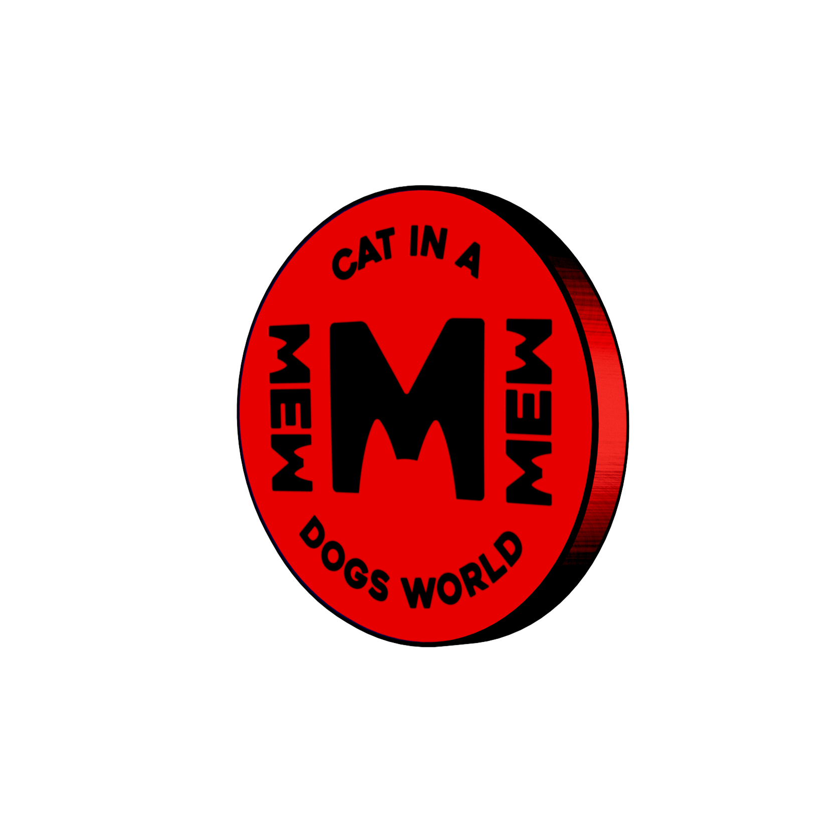 Circular MEW logo with red background and black distressed detailing for brand merchandise.