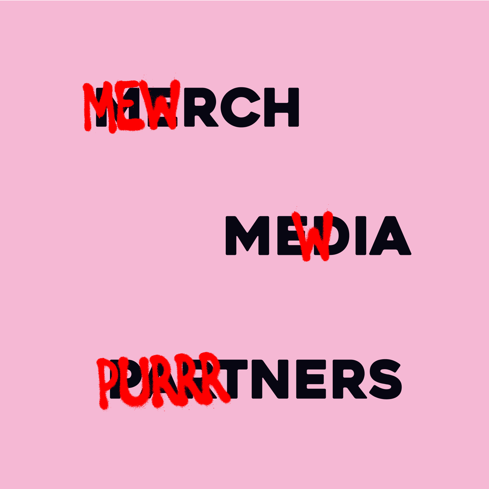 Graphic text layout for MEW’s brand divisions: Merch, Media, and Partners.