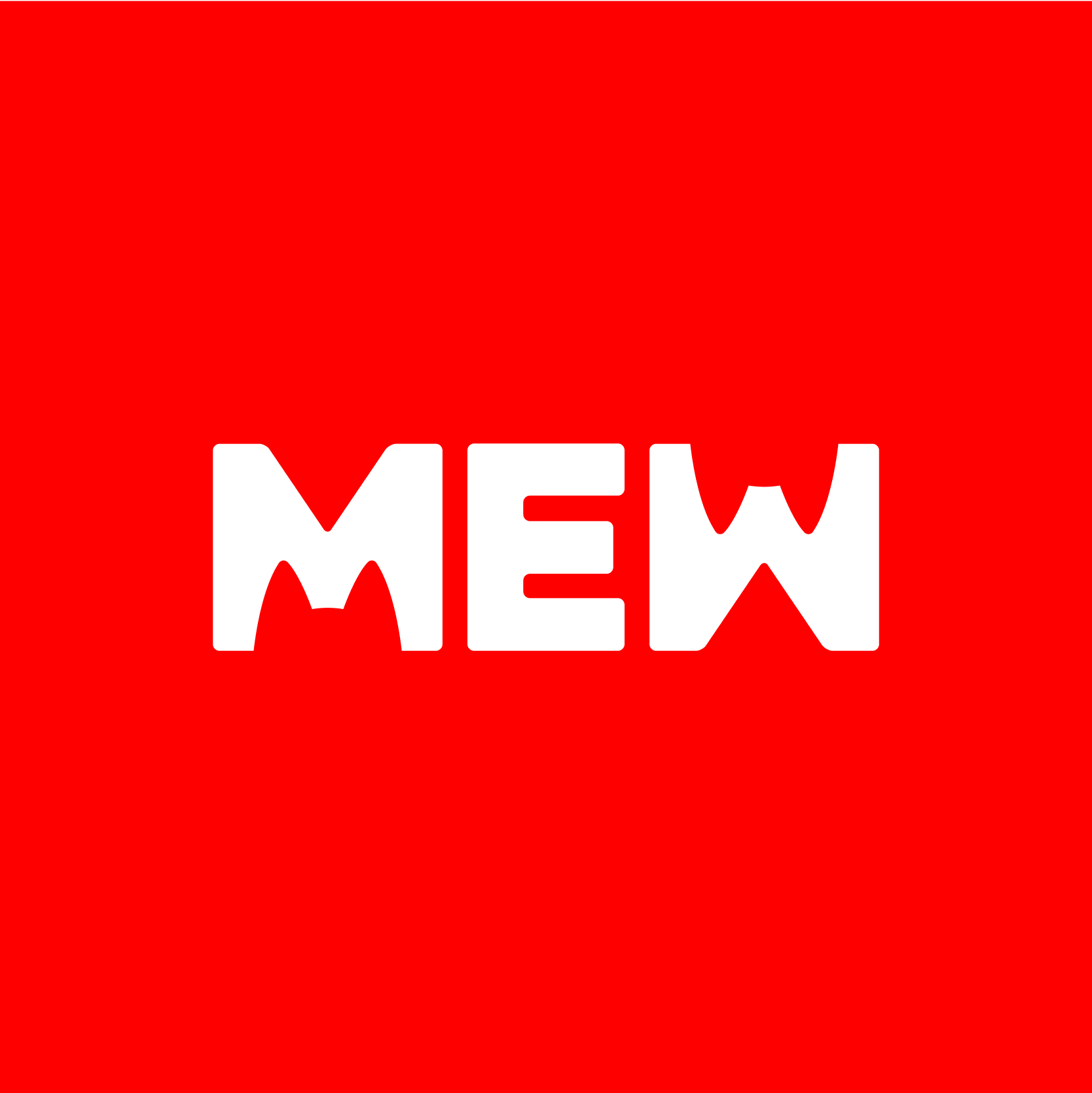 Simplified red-on-white MEW wordmark representing the brand core.