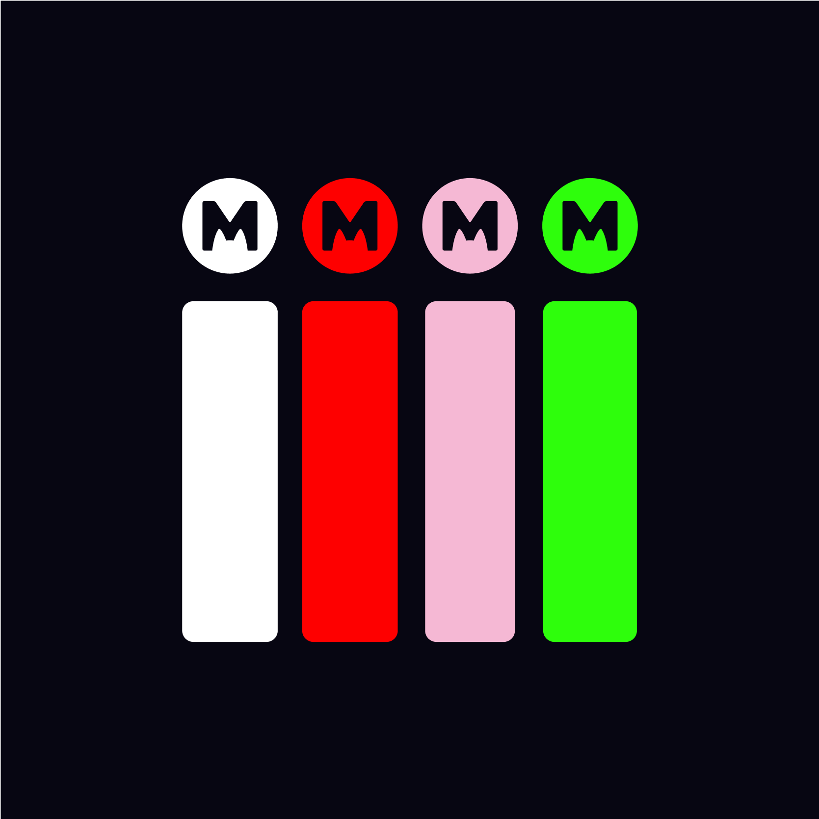Vertical bar pattern showcasing MEW’s signature red, black, white, and green color palette.
