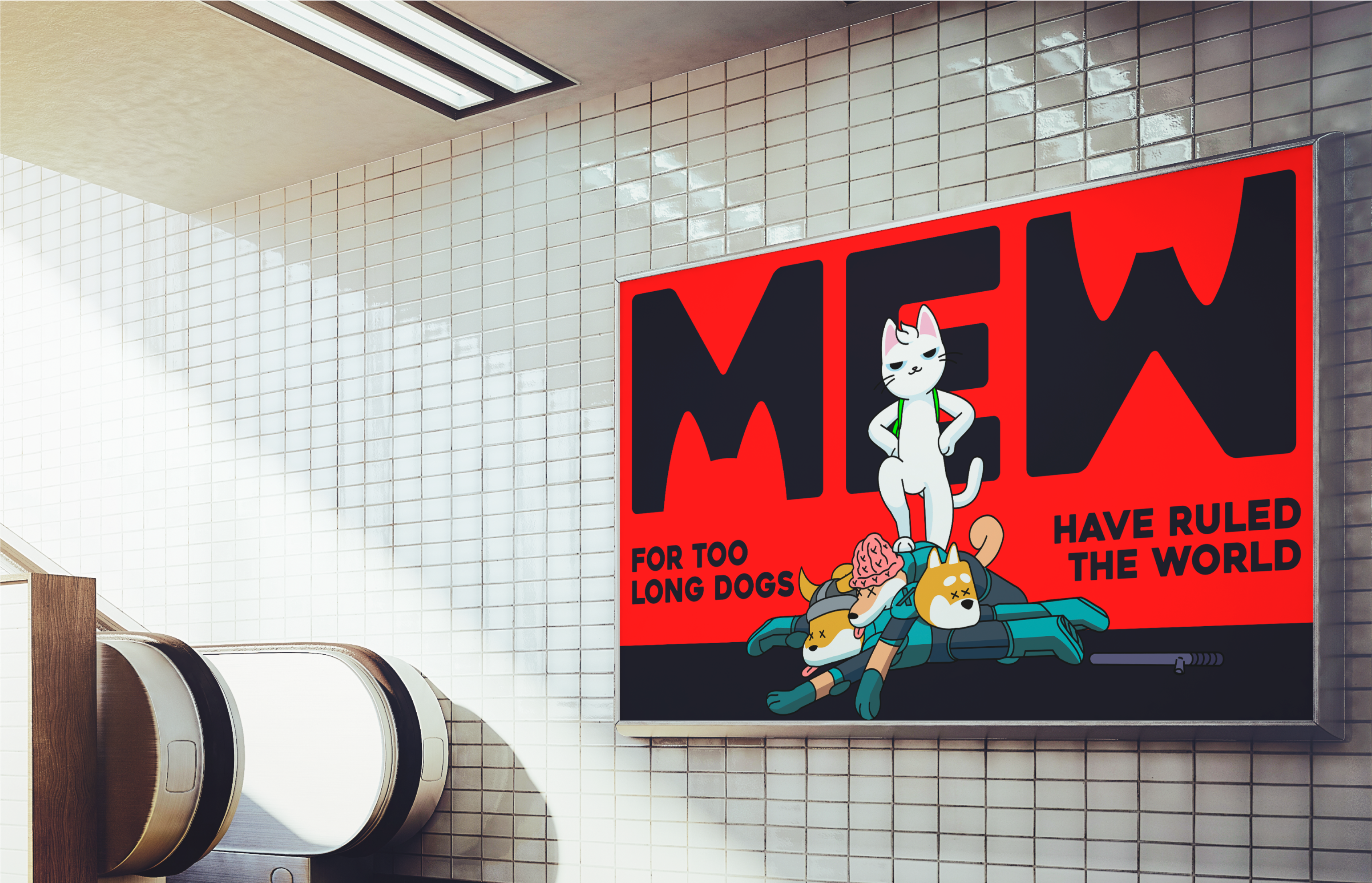 MEW poster mockup displayed on a wall in a modern interior.