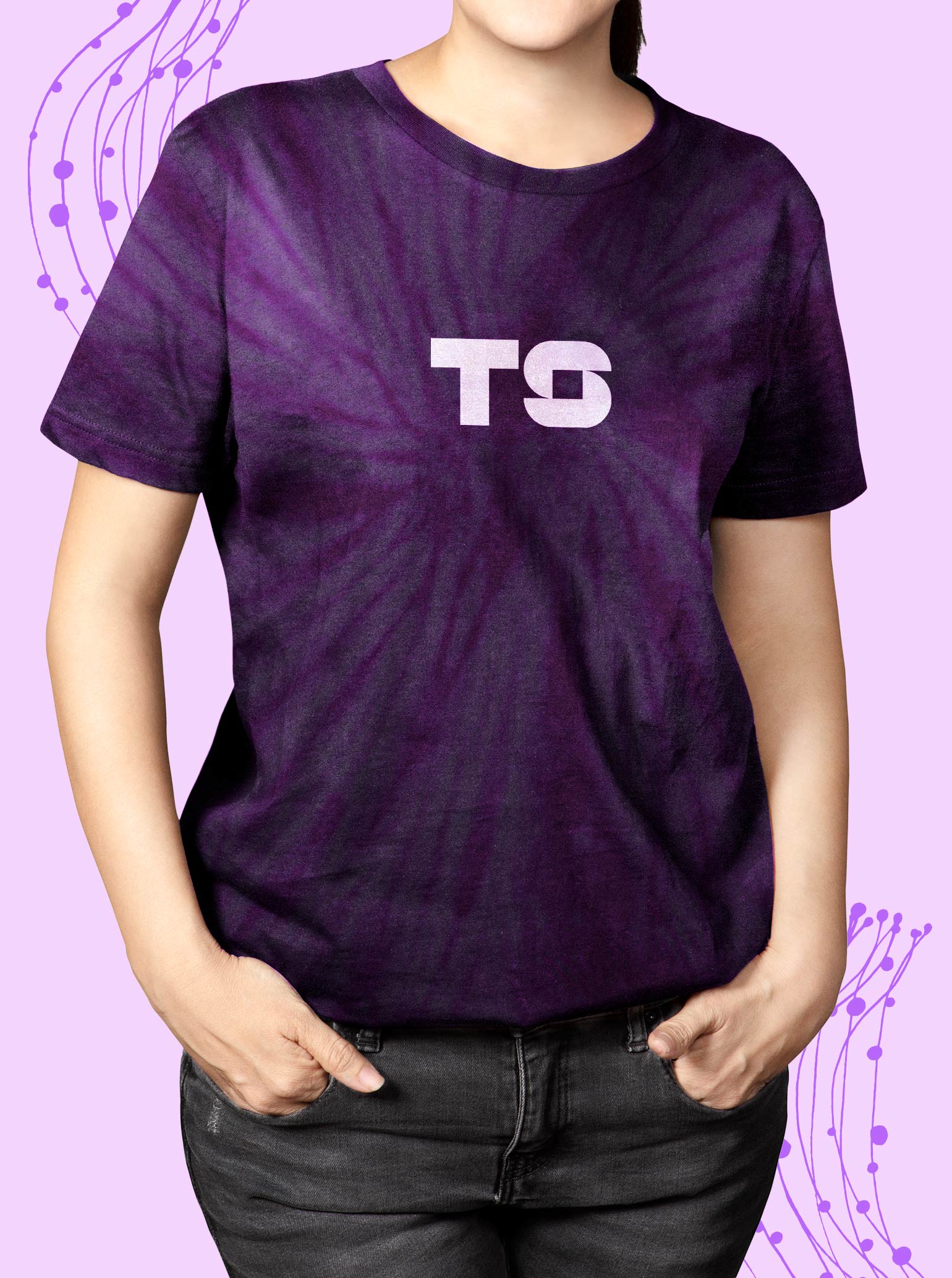Woman wearing a Techspeed logo t-shirt in deep purple with clean, modern branding.