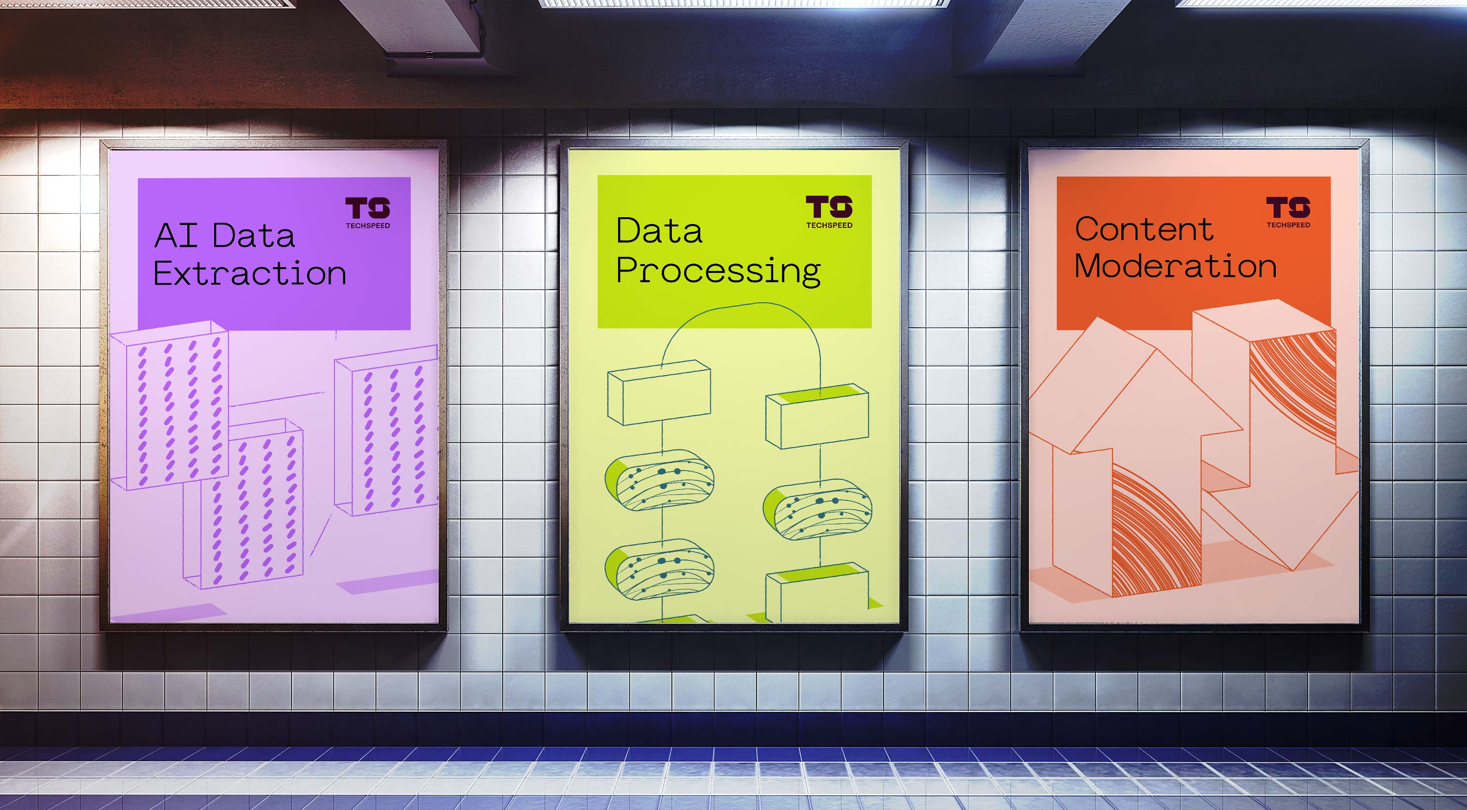 Set of metro posters promoting Techspeed’s smart data solutions with vibrant gradient backgrounds.