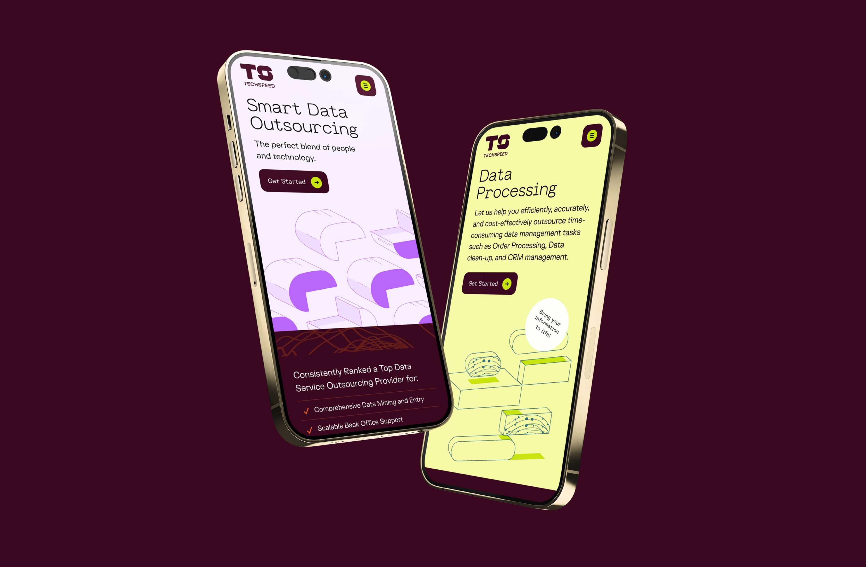 Smartphone mockups displaying the Techspeed app interface with modern typography and vibrant purple branding.