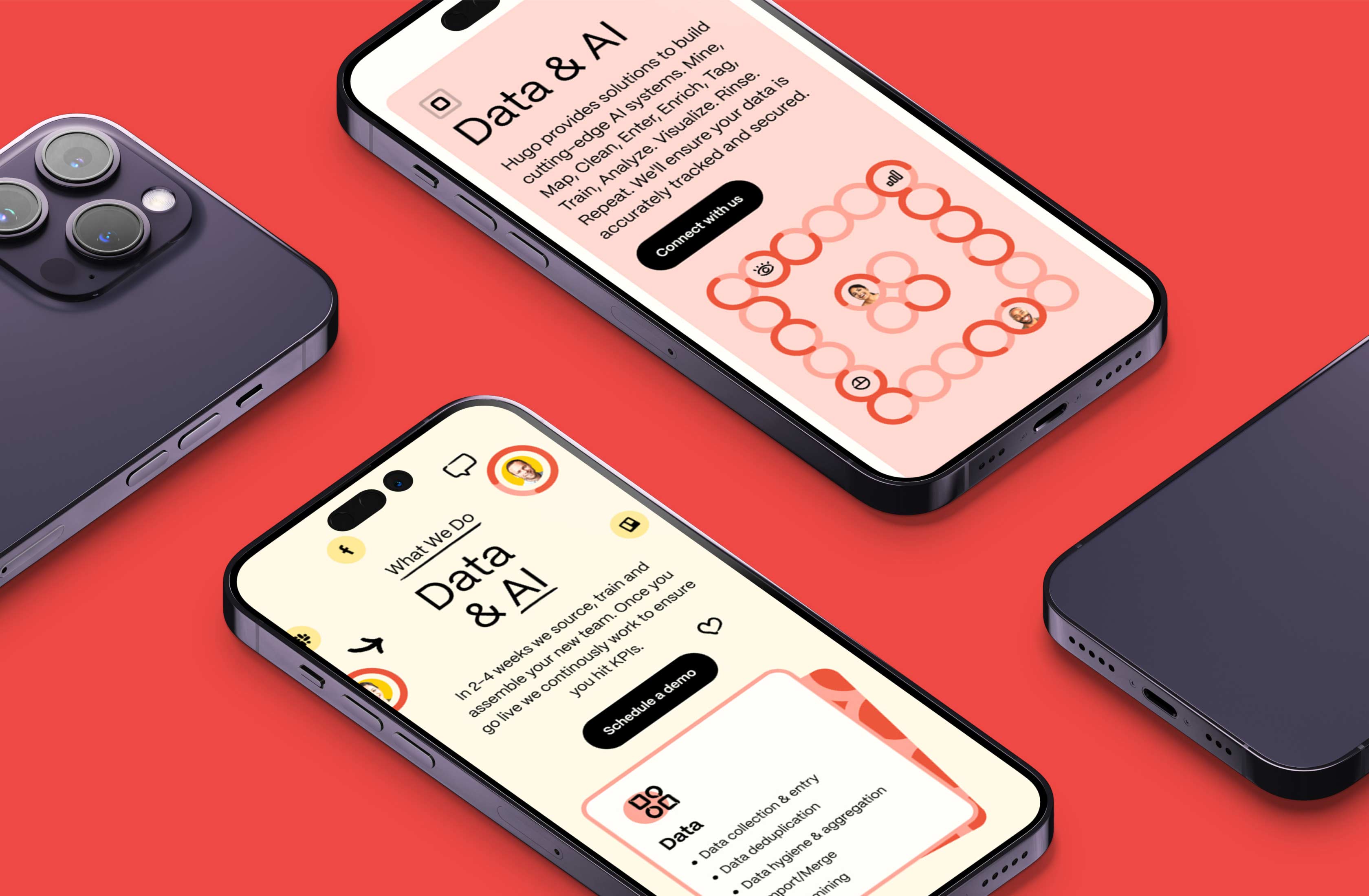 Hugo app mobile screens arranged on coral backgrounds.