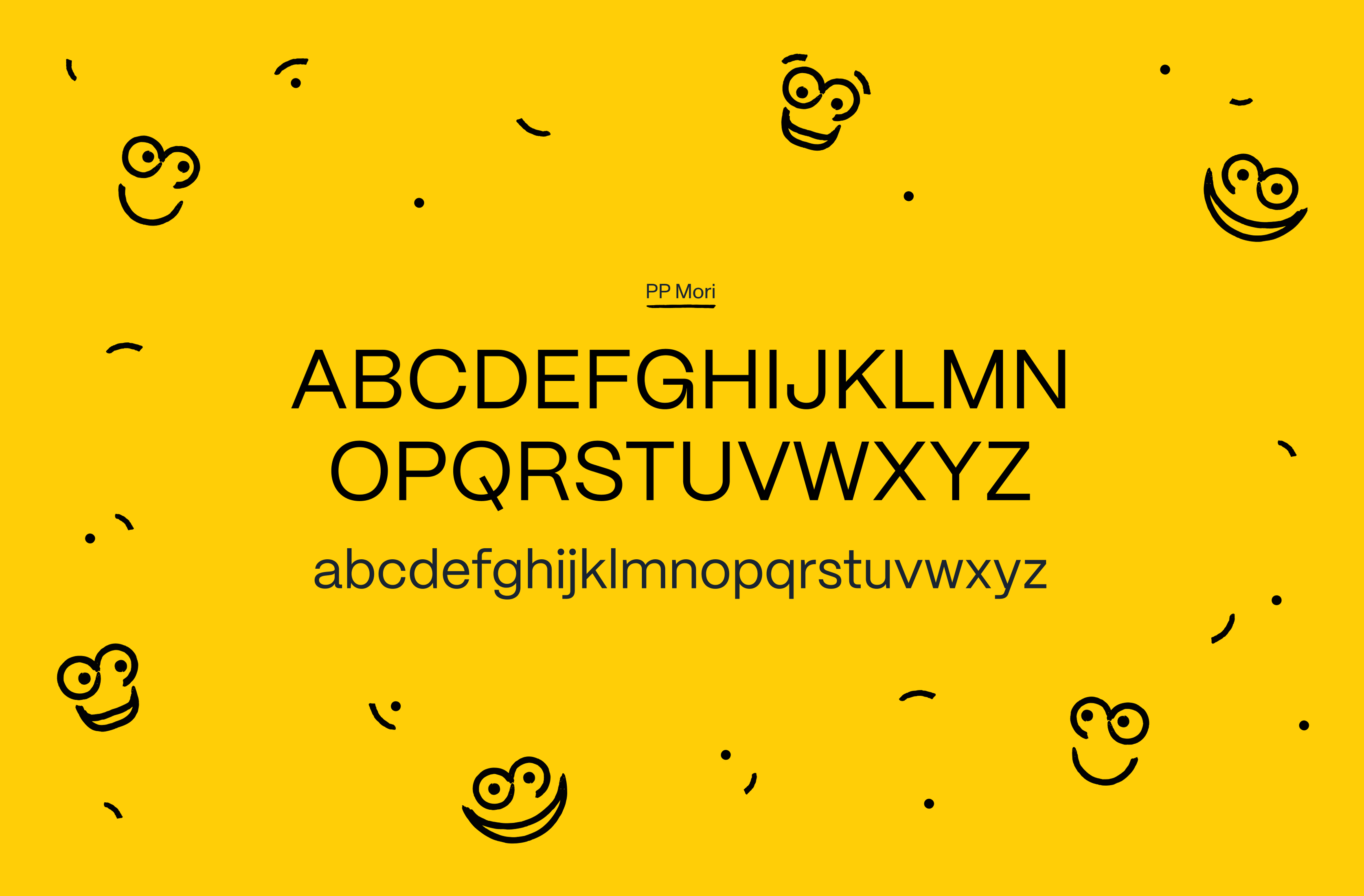 Hugo alphabet poster in yellow with playful circular icons.