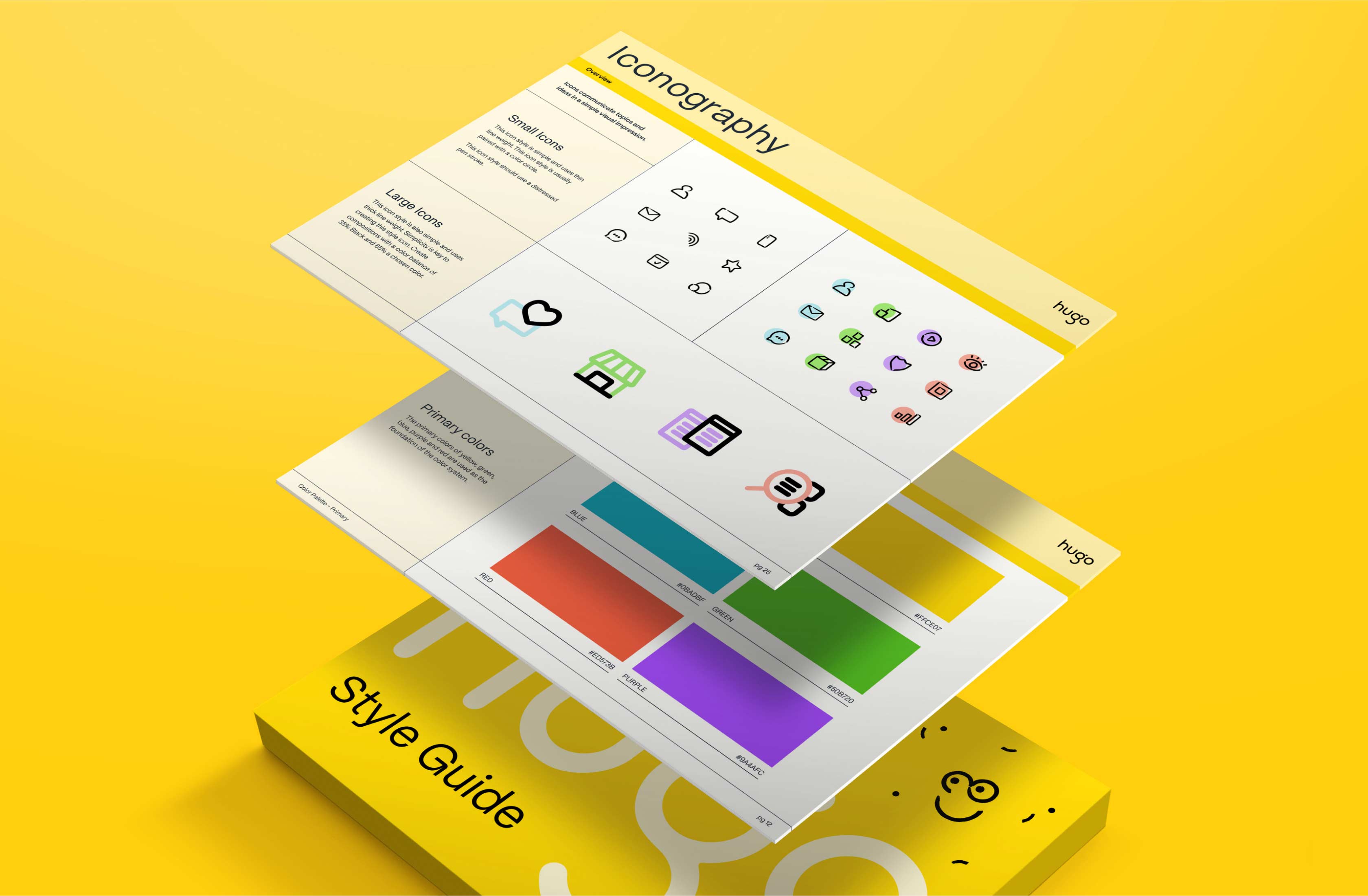 Stack of mobile screens showcasing Hugo app card layouts.