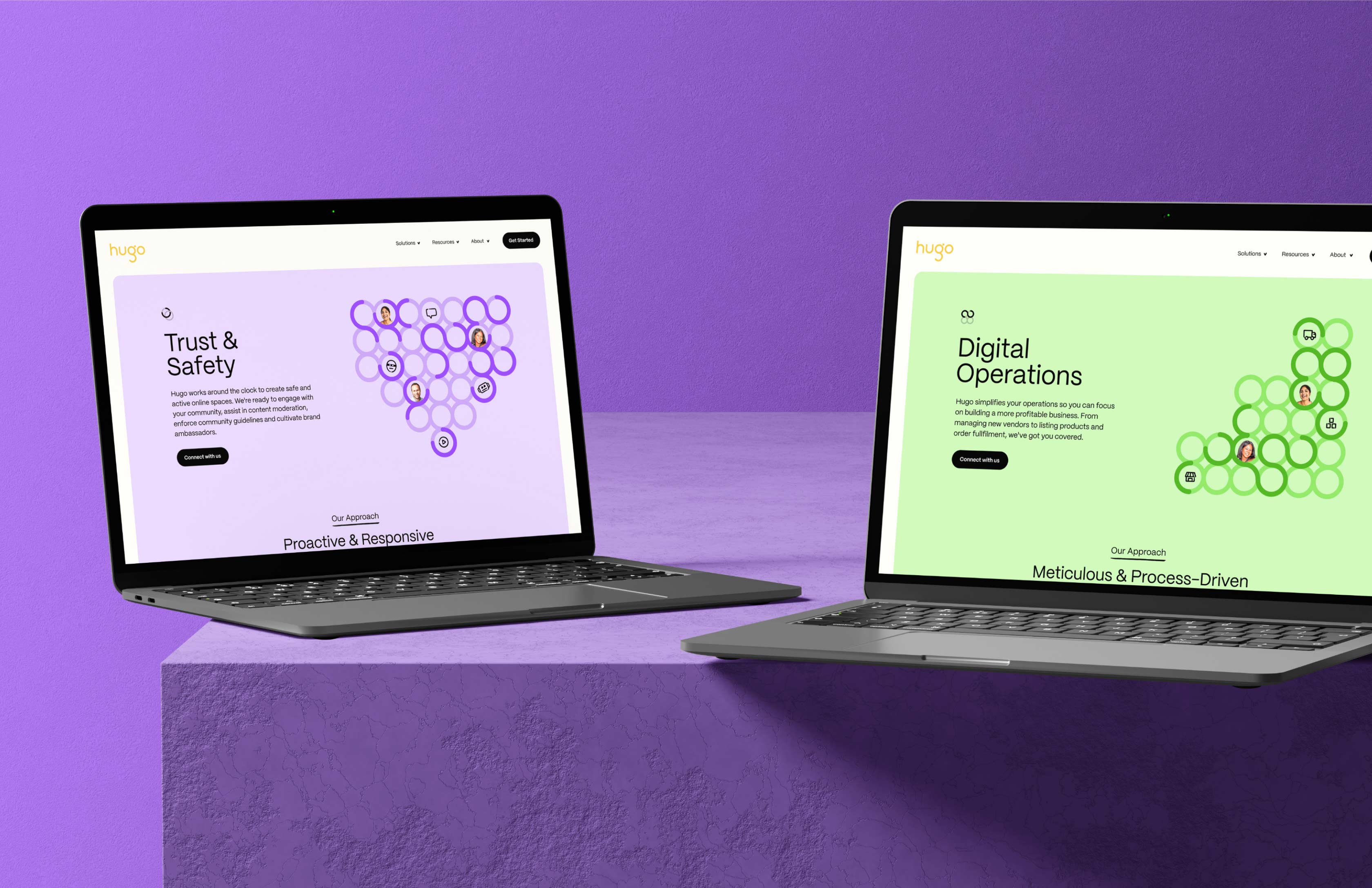 Hugo UI screens shown on laptops in a purple-lit workspace.