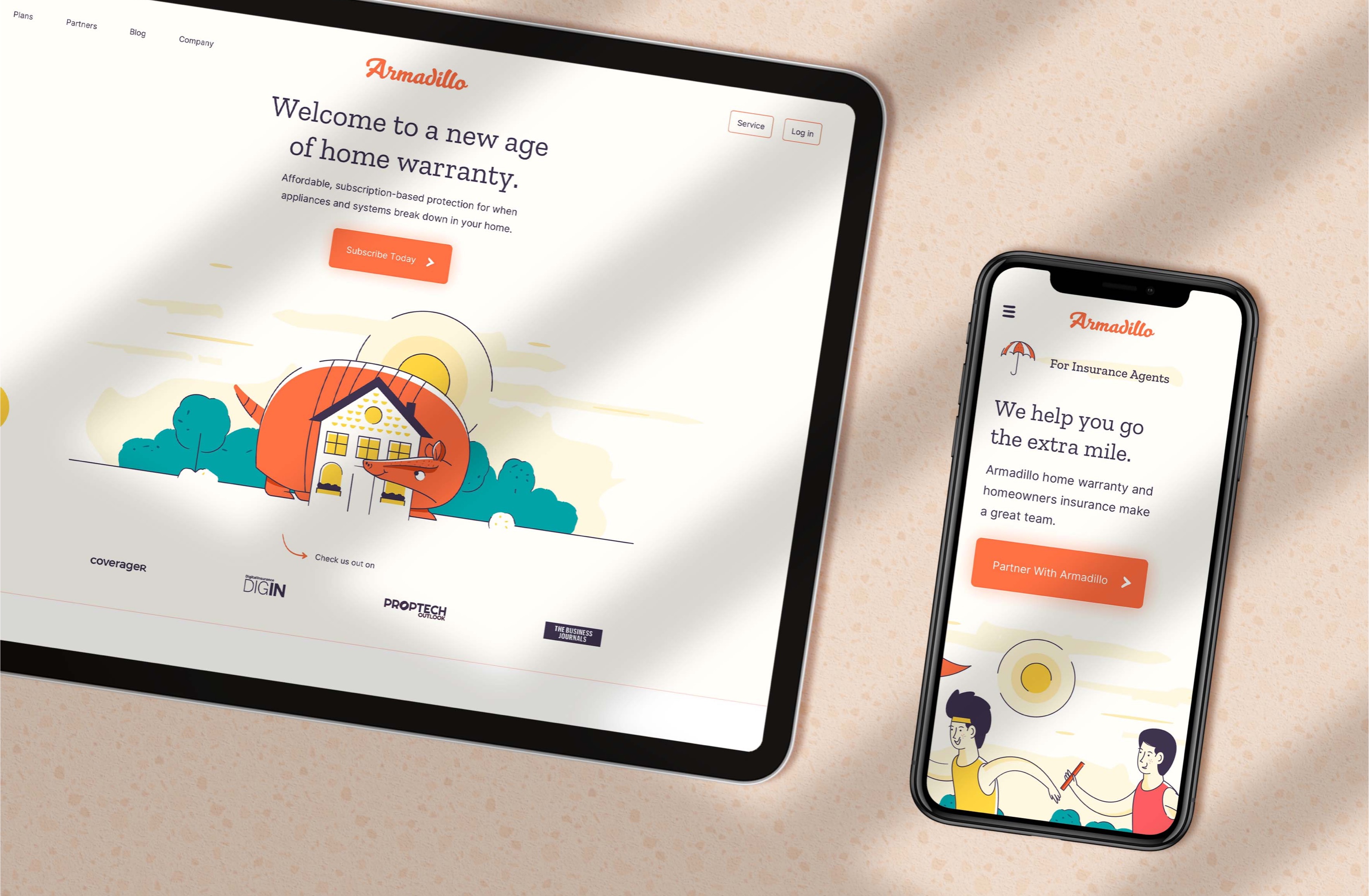 Armadillo mobile app onboarding screen shown on a tablet and phone mockup.
