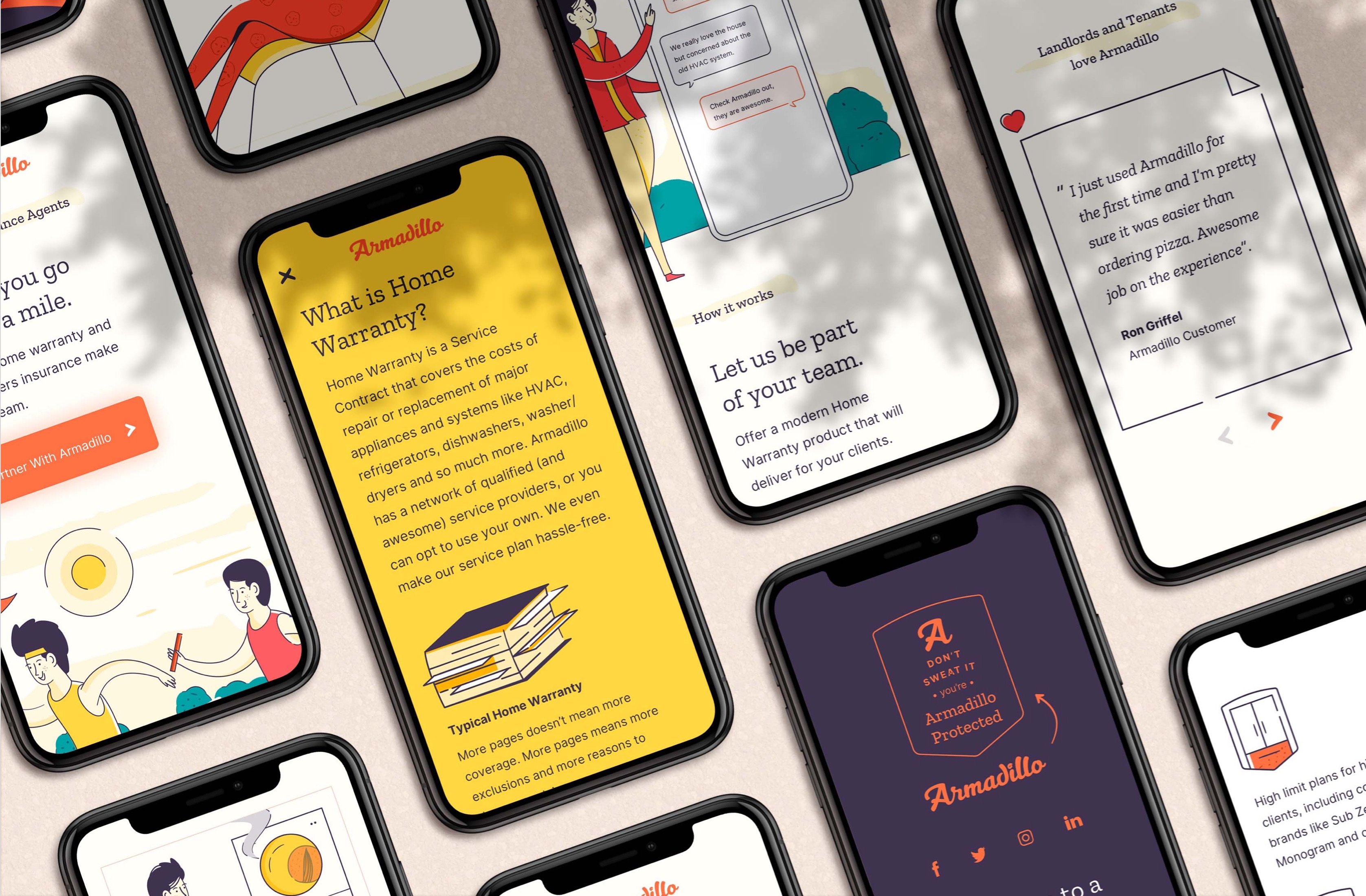 Collection of Armadillo mobile screens arranged in a diagonal grid.