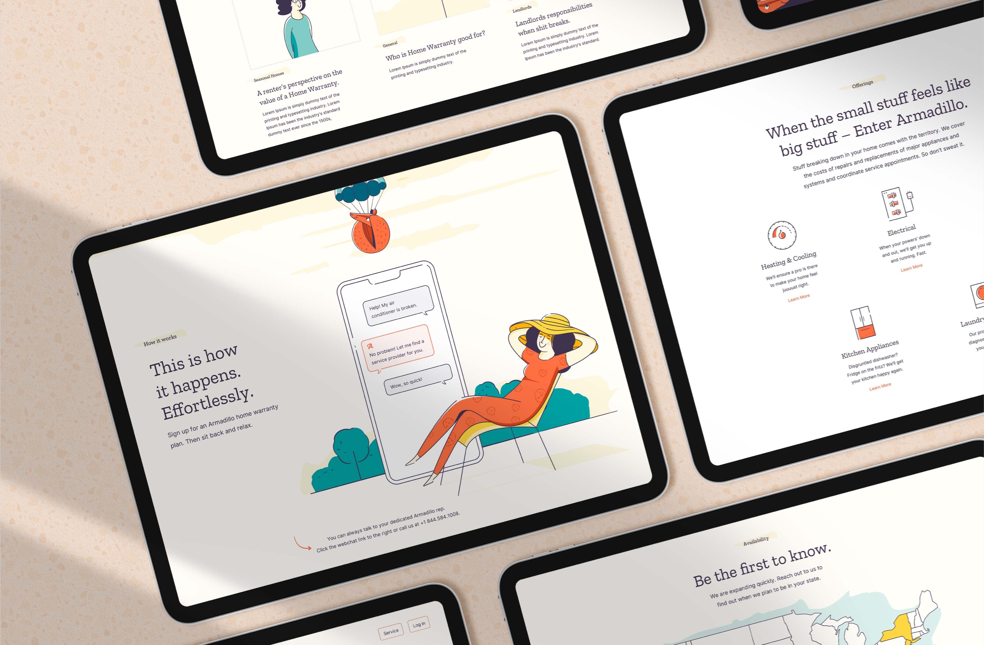 Tablet layout showing Armadillo interface pages and feature views.