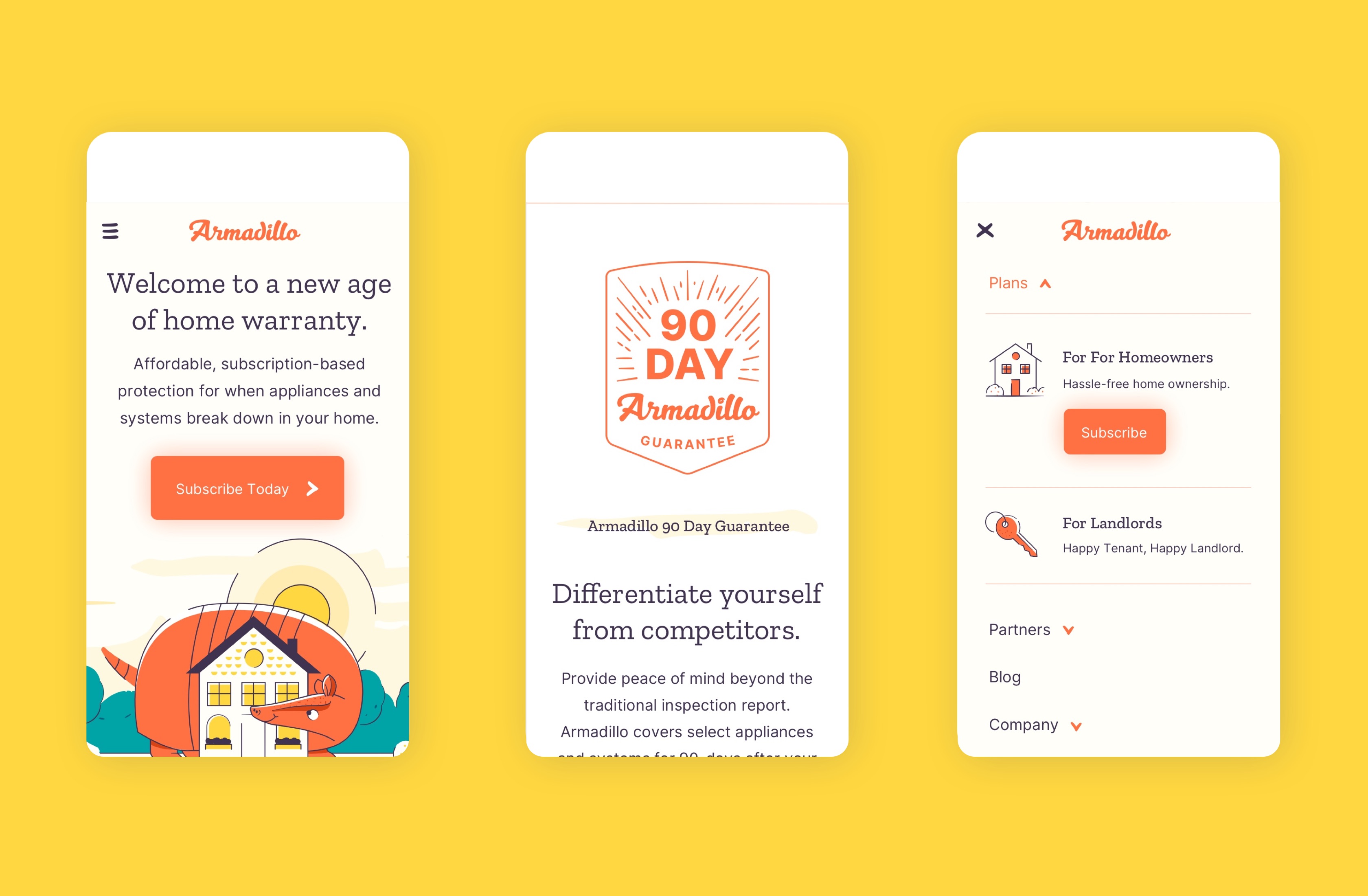 Armadillo UI screens shown on a bright yellow background with device mockups.