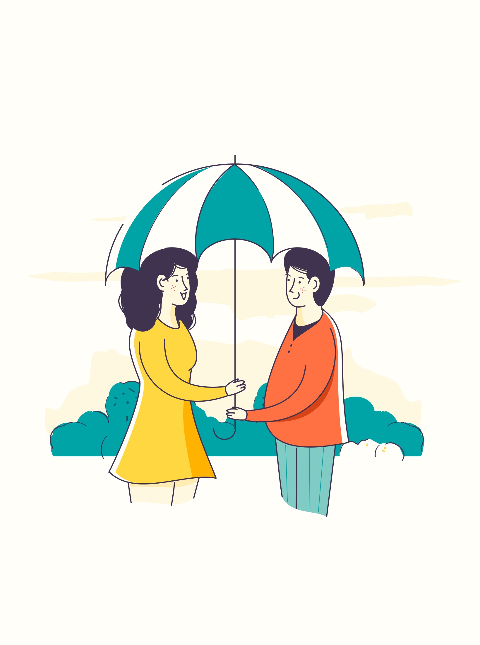 Playful illustration of a people under an umbrella.
