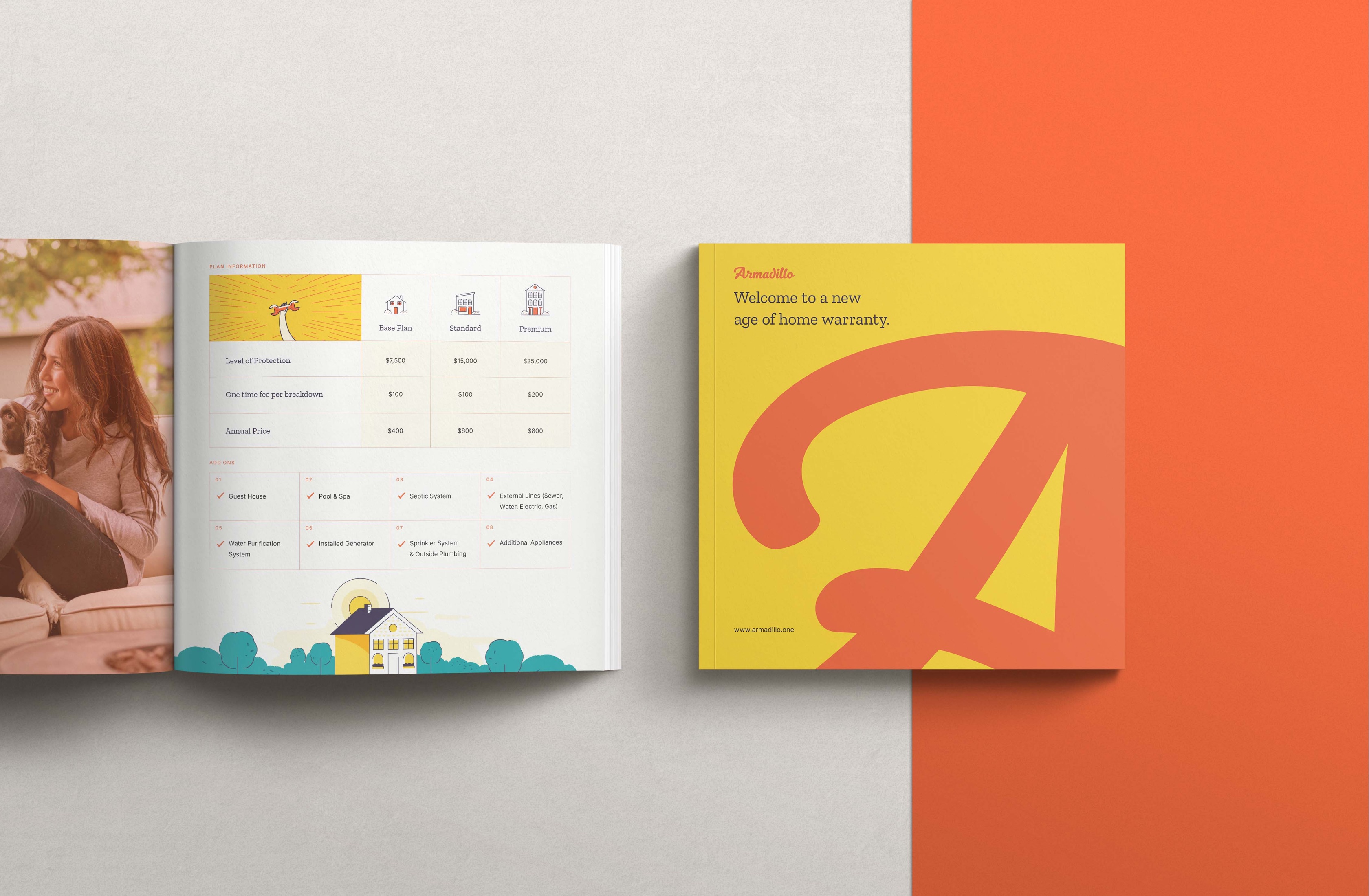 Armadillo product photography with yellow and orange brand accents.