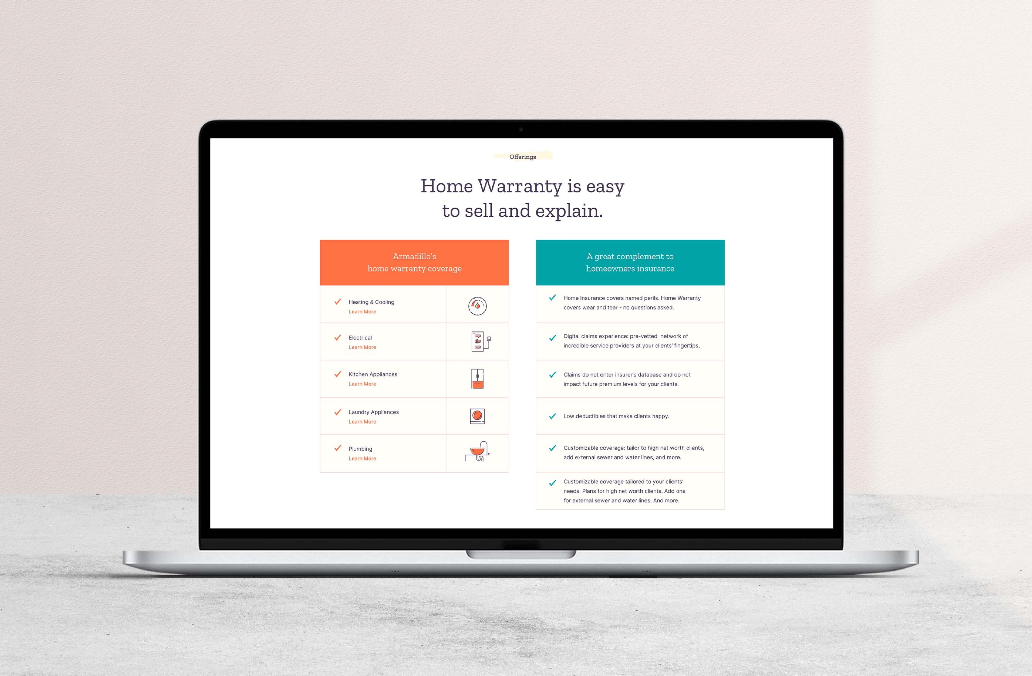 Laptop mockup showing Armadillo portal UI on a white desktop.
