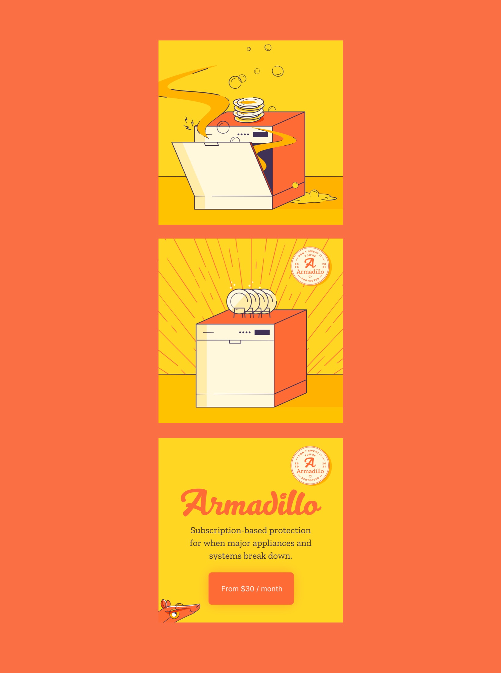Vertical app screen mockup with orange Armadillo interface cards.