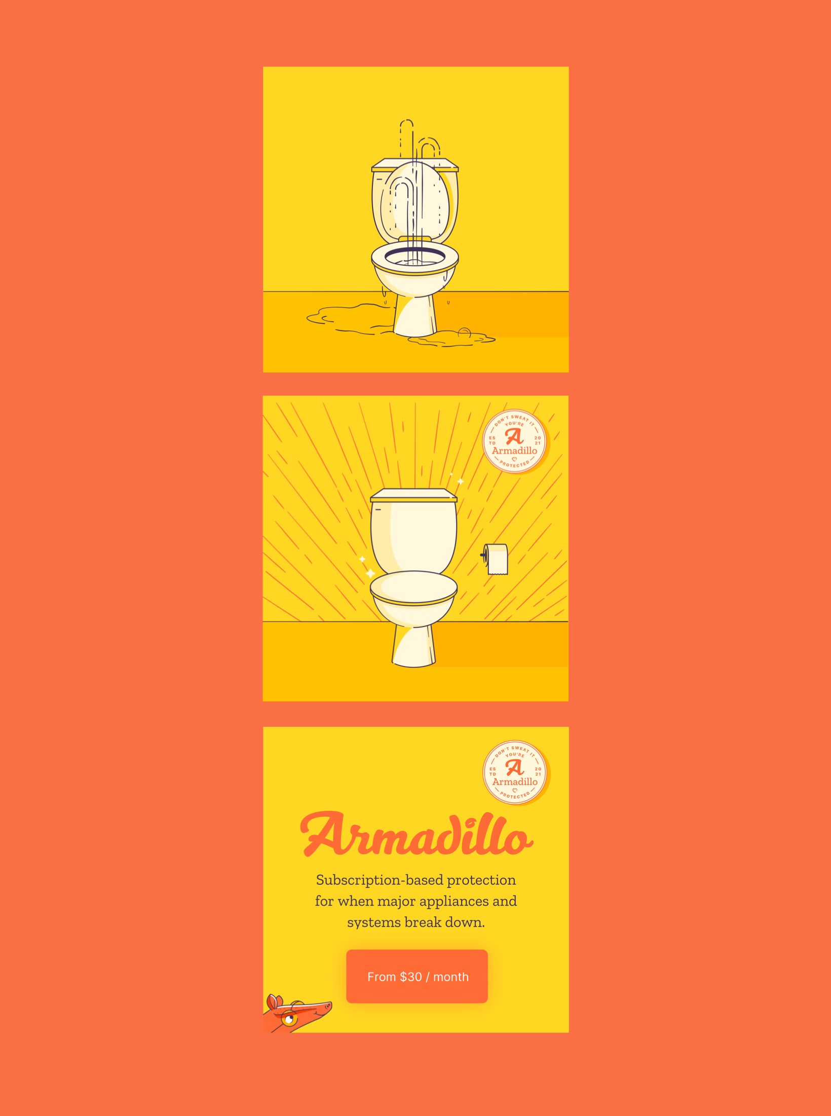 Vertical Armadillo app screen sequence in orange and yellow tones.