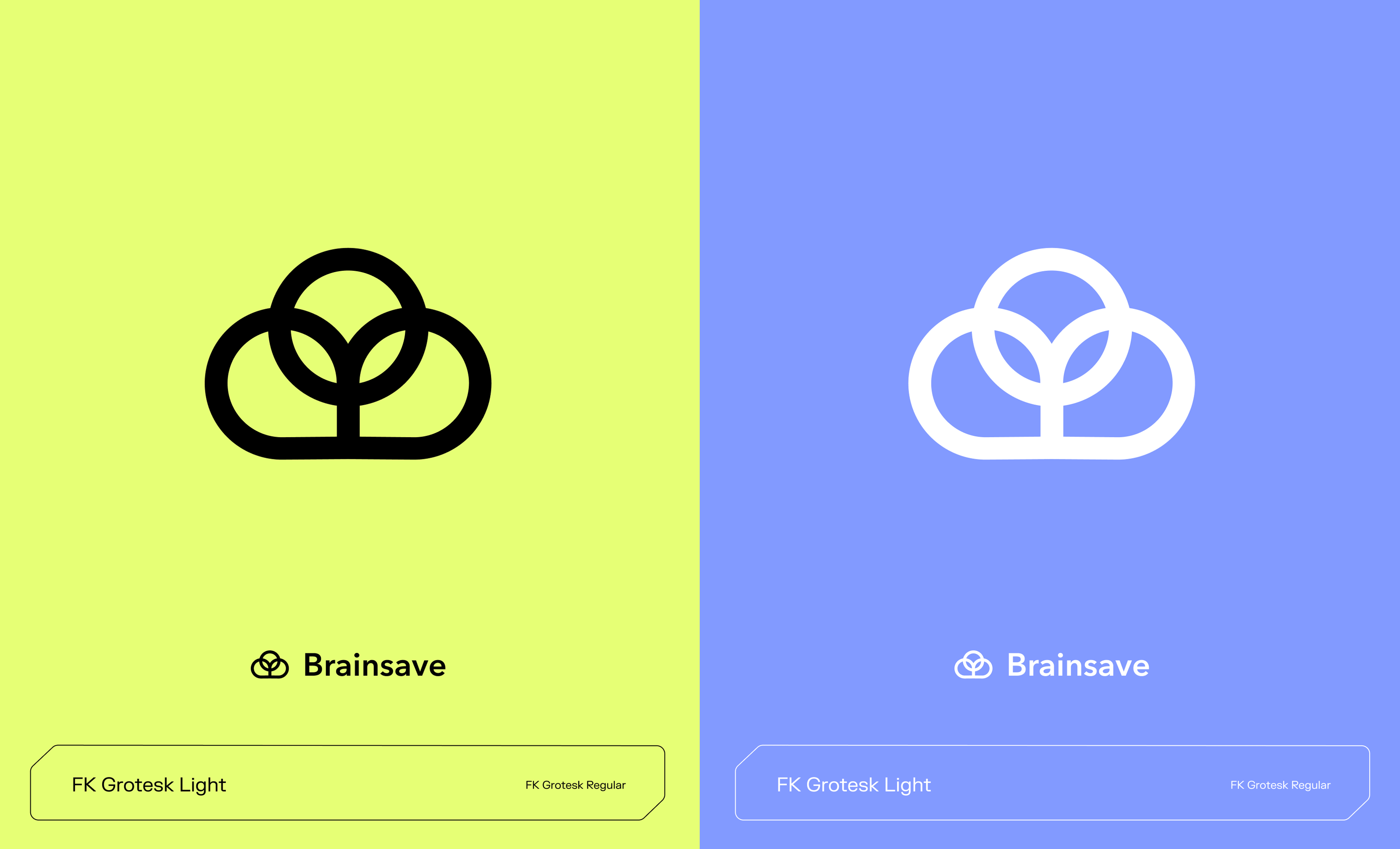 Brainsave brand posters in yellow and purple with circular logo icons.