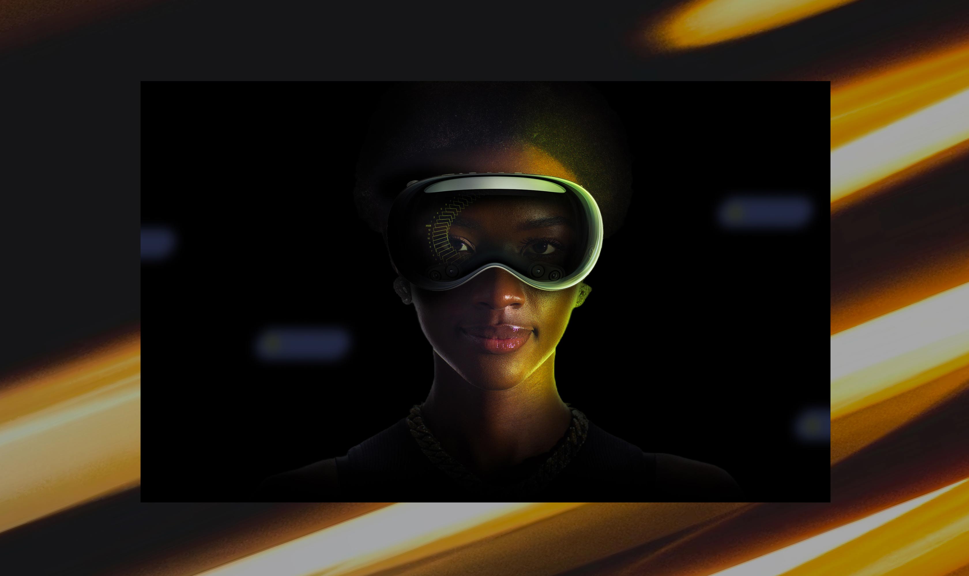 Person wearing VR headset surrounded by dramatic gold lighting.