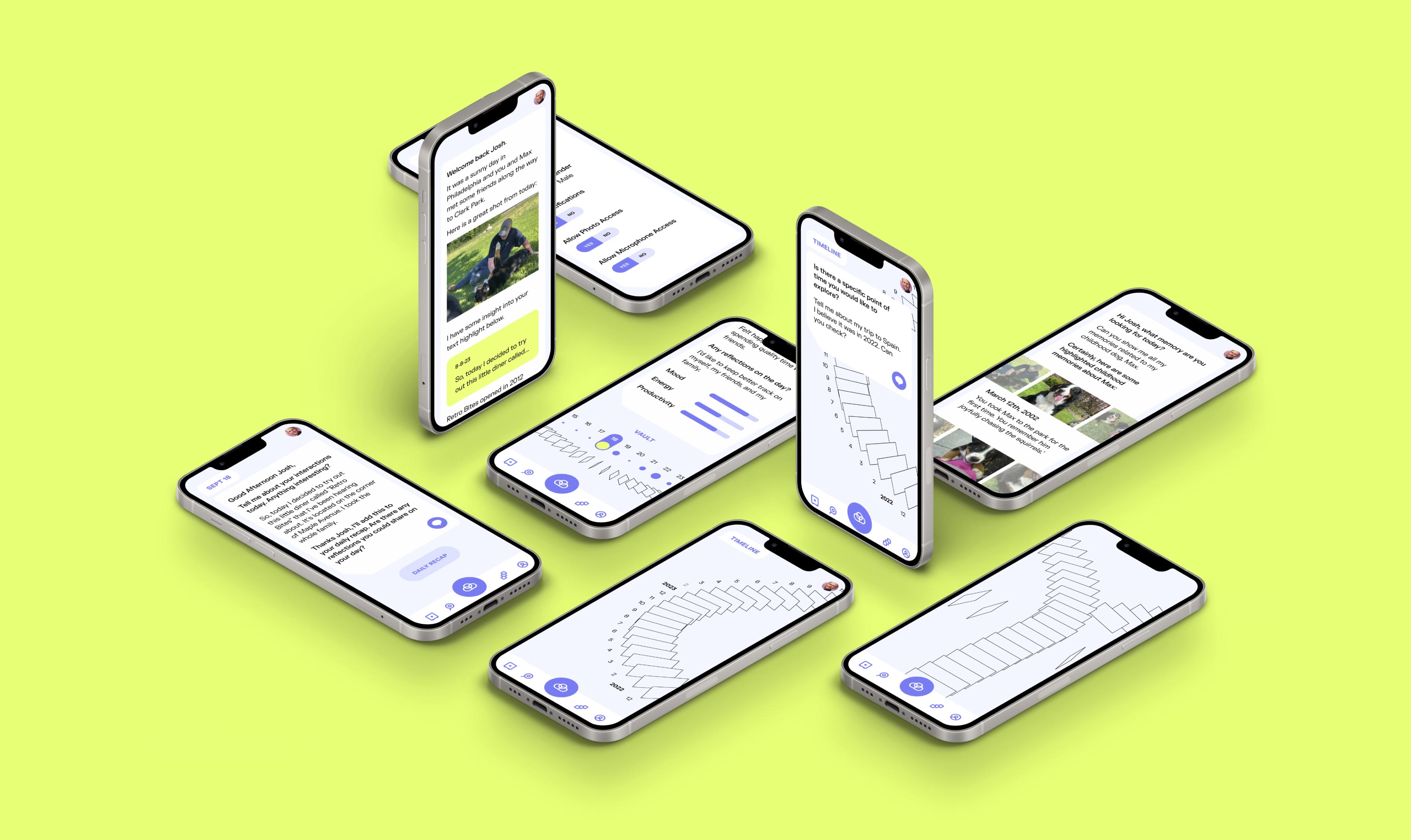 Isometric phone layout showing Brainsave mobile screens in a cluster.