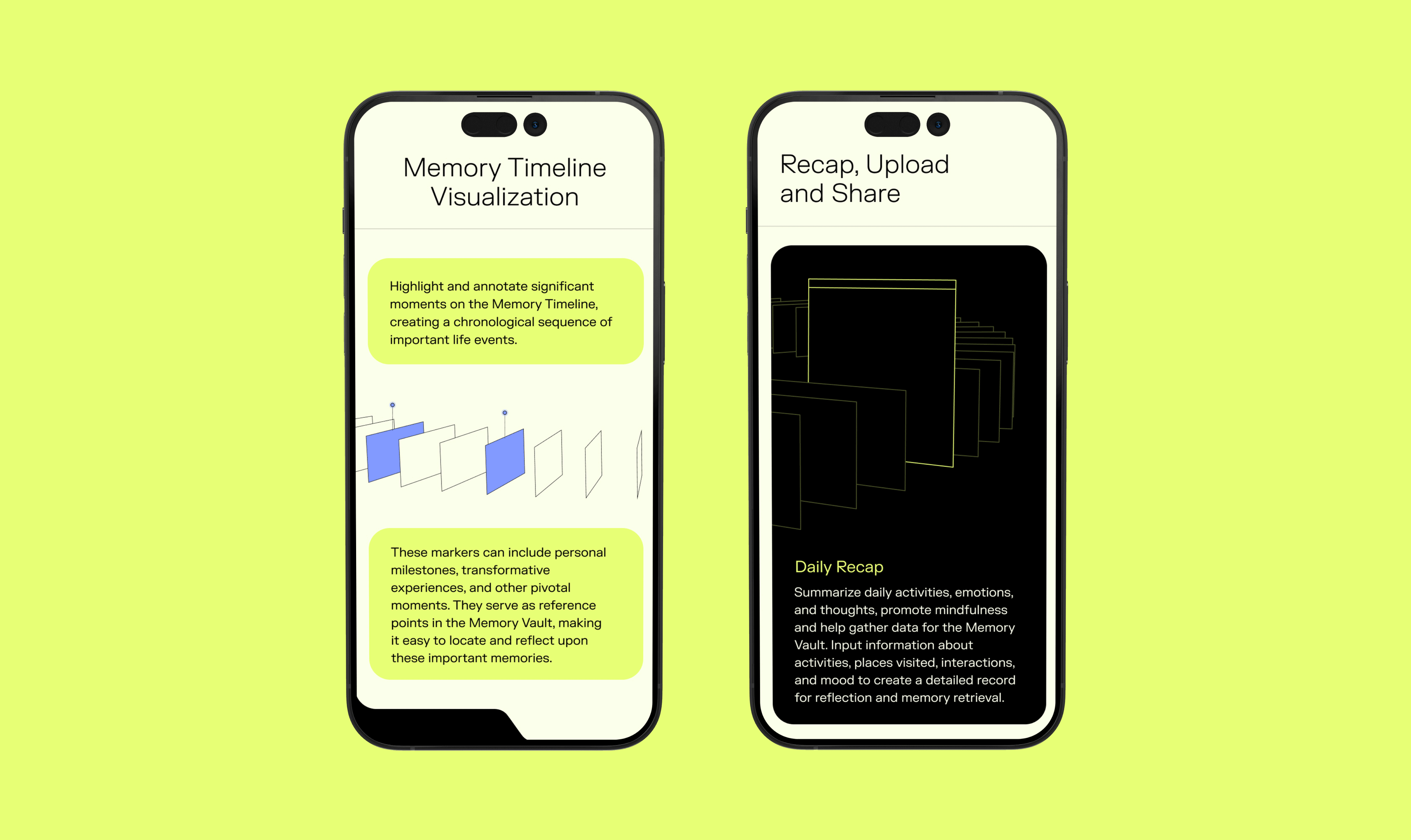 Dual phone mockups showing Brainsave app screens on yellow background.