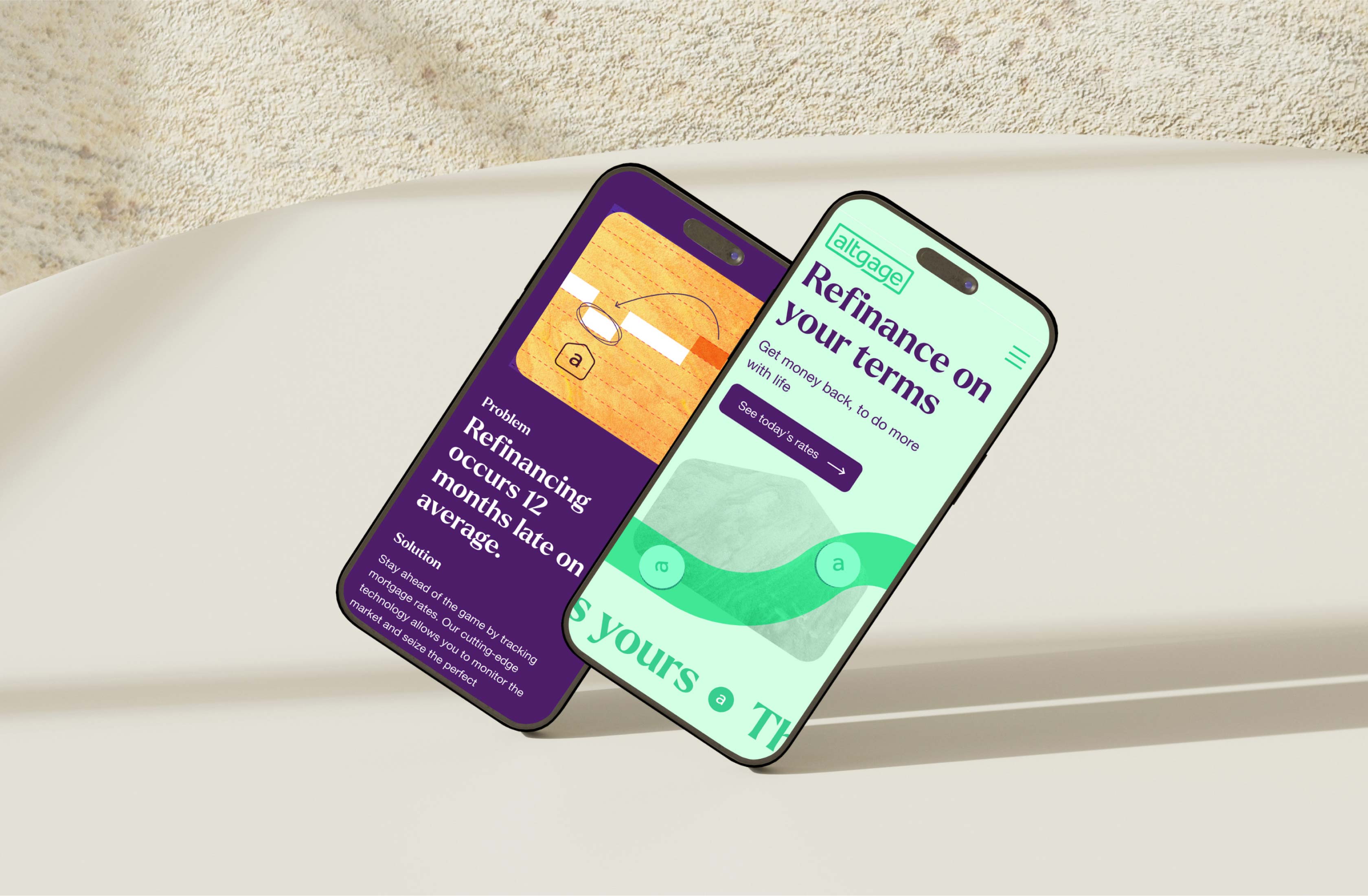 Smartphone UI mockup featuring green and purple interface layouts.