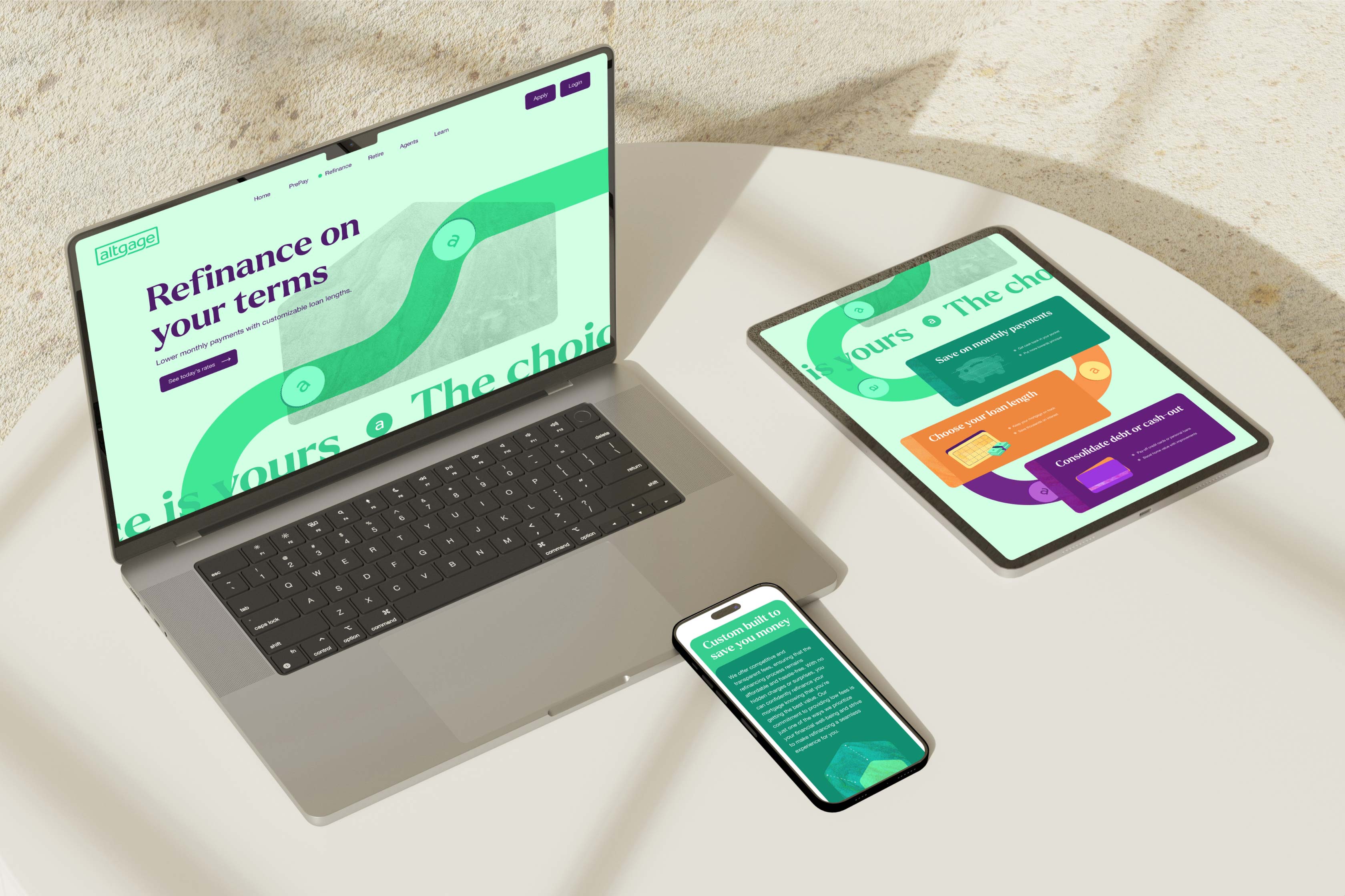 Laptop and tablet set showcasing green product interface designs.